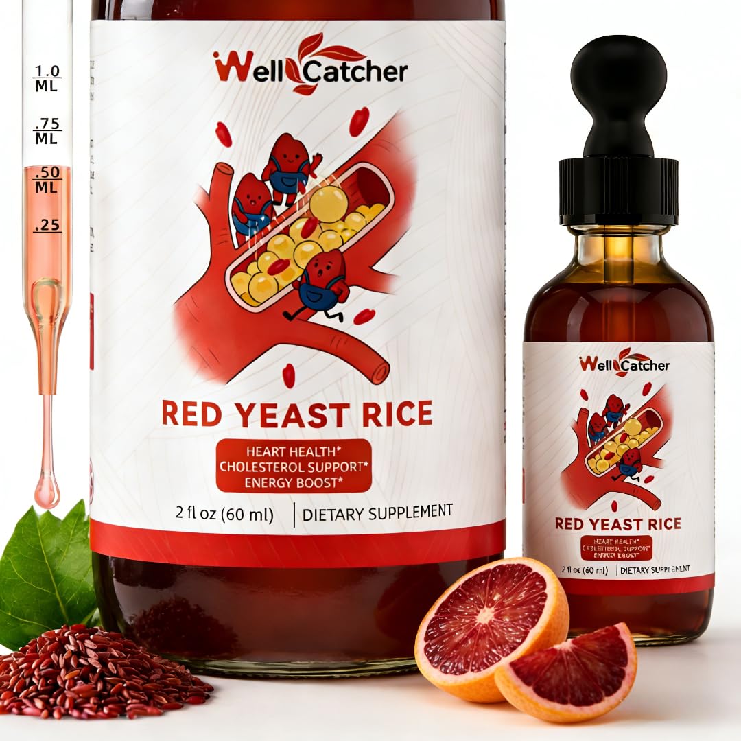 Red Yeast Rice with CoQ10 Drops: Organic Red Yeast Rice Extract Liquid 2400mg Support Cholesterol & Heart Health for Men Women with Omega-3 Inositol, Blood Orange Flavor Vegan Sugar Free