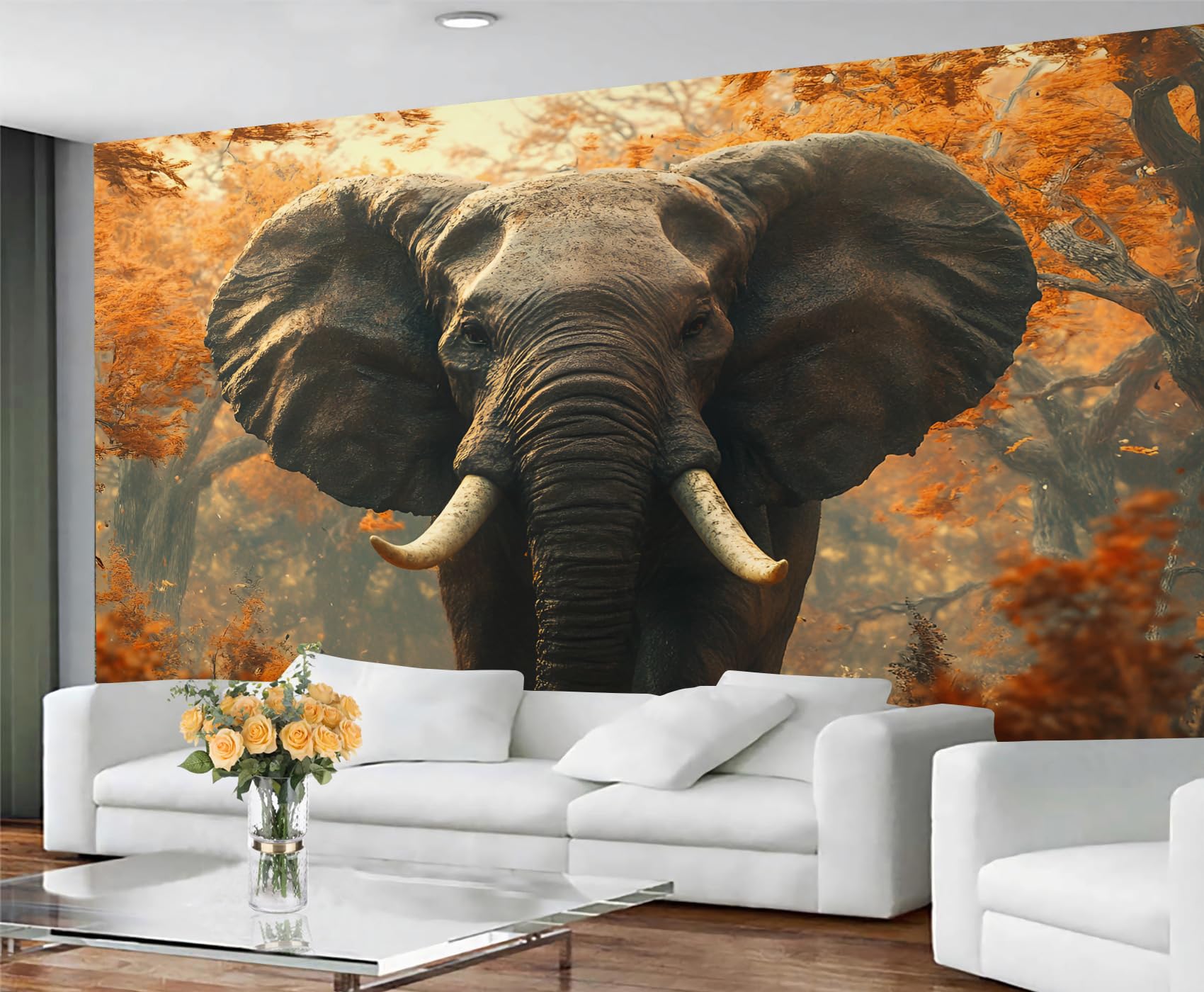 GIVLWF Wallpaper - Elephant Home Decor & Mural, Self Adhesive Wallpaper for Living Room, Forest Elephant Wall Mural, Autumn Landscape Bedroom Wall Paper, Peel and Stick โ image 1