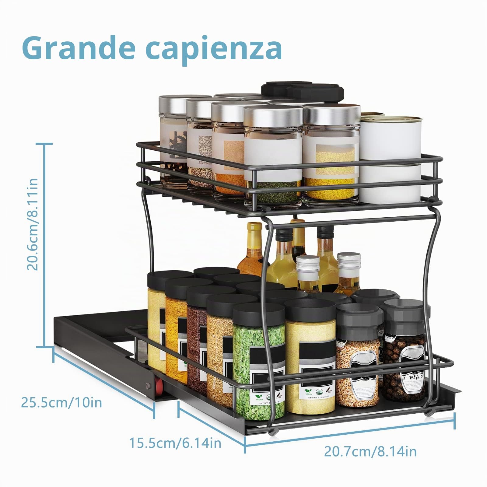Portaspezie per Organizer， Porta Spezie per Cucina Estraibile 2 Livelli, Organizer Sottolavello Cucina, Organizzatore Porta Spezie per Riporre Barattoli e Spezie,Metallo/nero