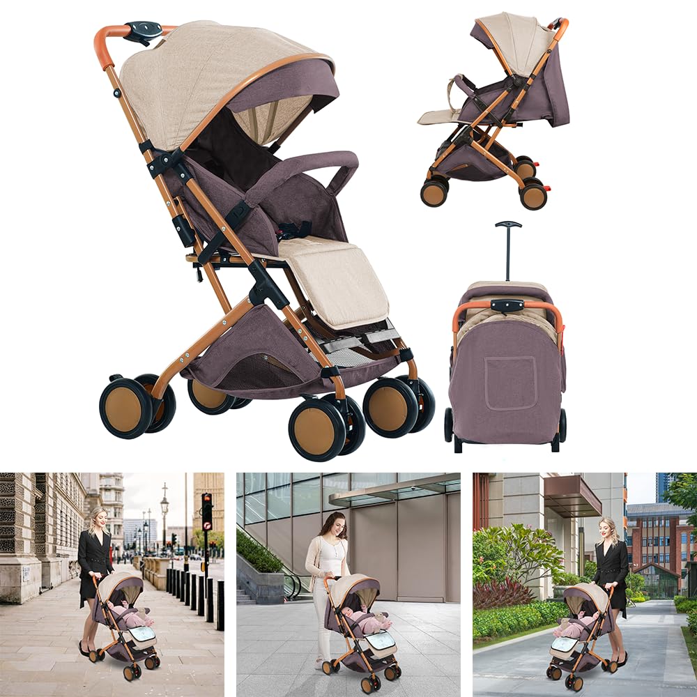sillita de paseo bebe ultracompacto de 0 a 6 años, silla ligera paseo de viaje con arnés de seguridad de 5 puntos, Plegado compacto y reclinable, Con bolsillos y visera parasol (caqui)