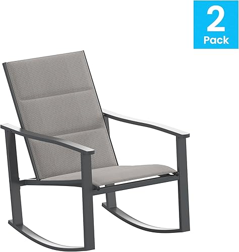 Miniatura 4 de Flash Furniture Brazos - Juego de 2 mecedoras para exteriores grises con material Flex Comfort y marco de metal negro, grisnegro