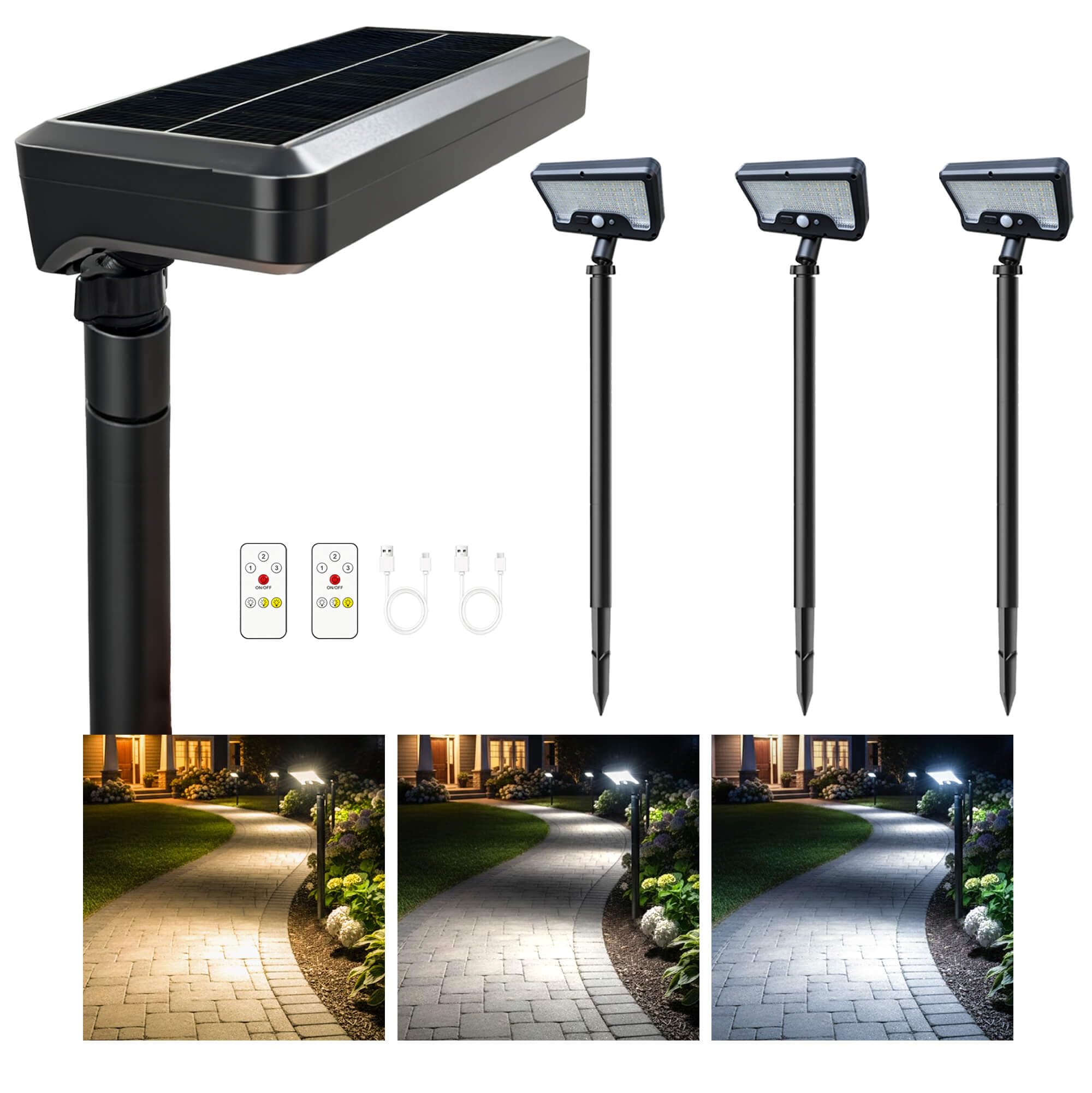 Solar Motion Sensor Pathway Lights - Warm Daylight Selectable Path Light 3 Modes IP65 Waterproof Black LED Garden