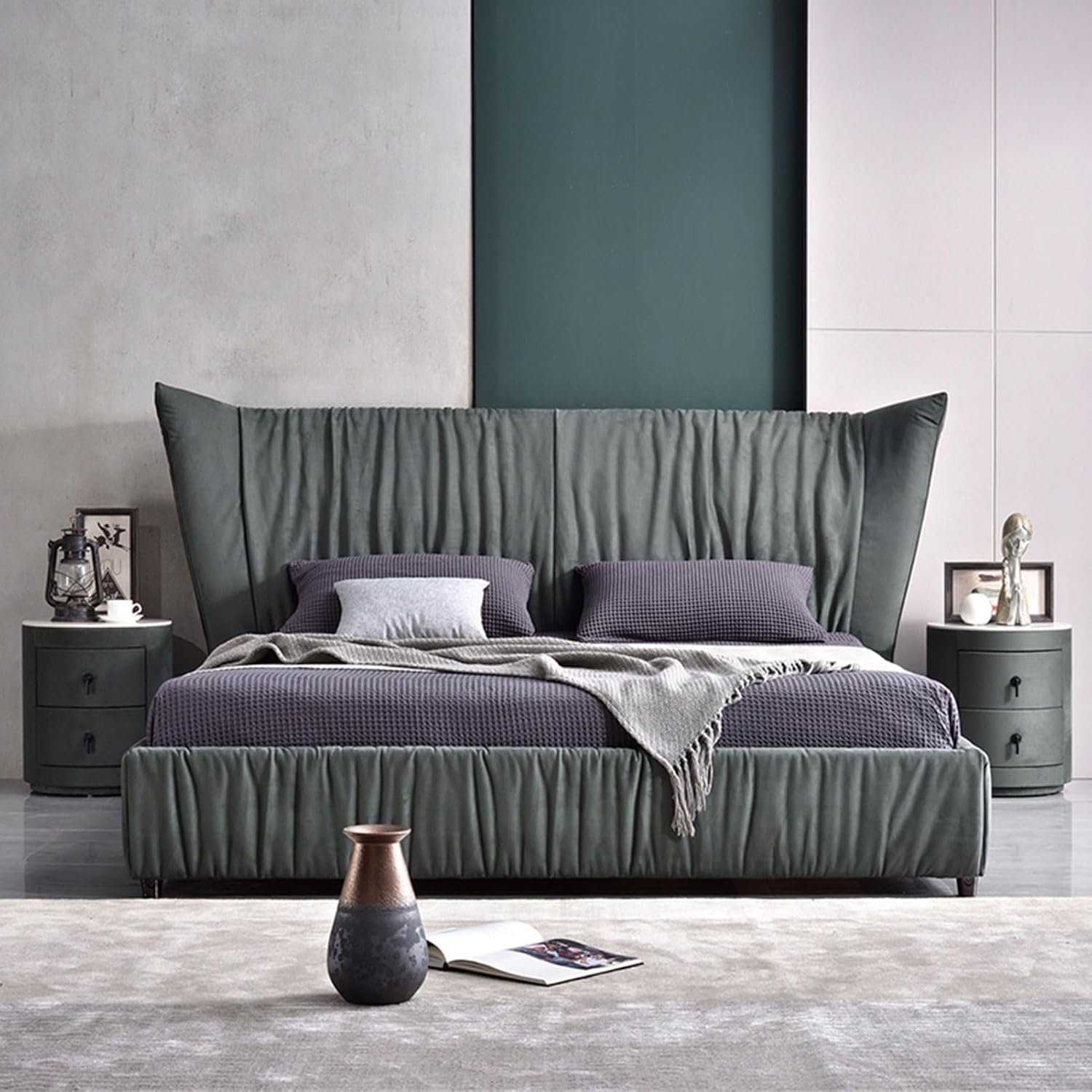 Green Vintage Simplicity Upholstered Platform Bed Ergonomic Upholstered Headboard with Heavy Duty Wooden Slat Support Noise-Free