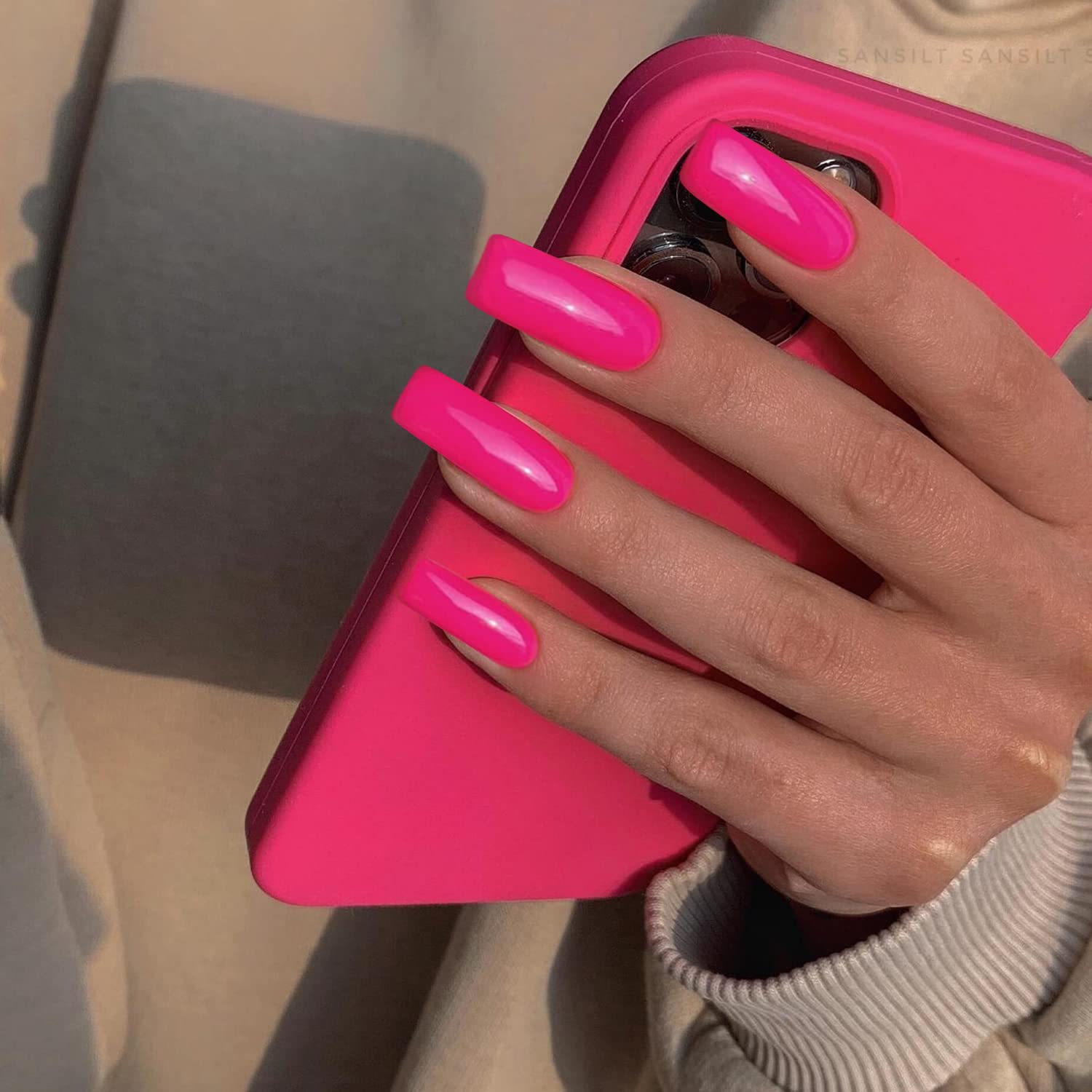 SXVME Hot Pink Press on Nails Long Square, Neon Pink False Nails Medium Coffin, Glossy Gel Fake Nails Press on - Image 3