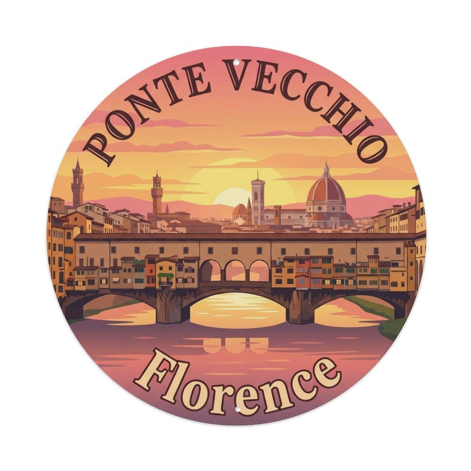 Vintage Travel Ponte Vecchio Firenze Metal Tin Sign Plaque Wall Decor for Cafe, Club, Garden Round Metal Poster 8x8Inch