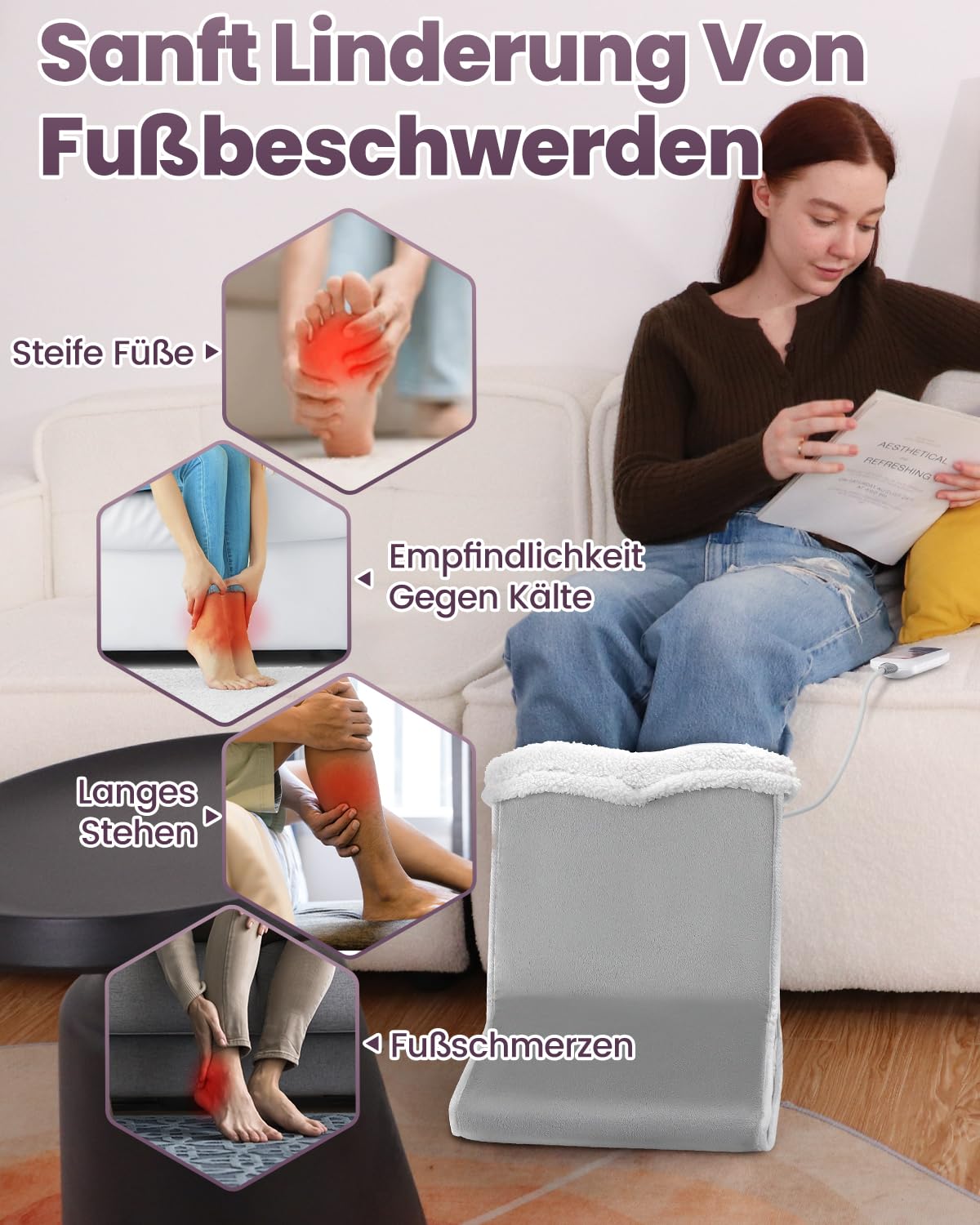 Qfun Fußwärmer Elektrisch, Schnelles Aufheizen Fusswärmer mit 6 Temperaturstufen und 4 Timer, Heizschuhe Fußwärmer Erwachsene mit Abschaltautomatik, Waschbar Elektrische Fußheizung, Überhitzungsschutz