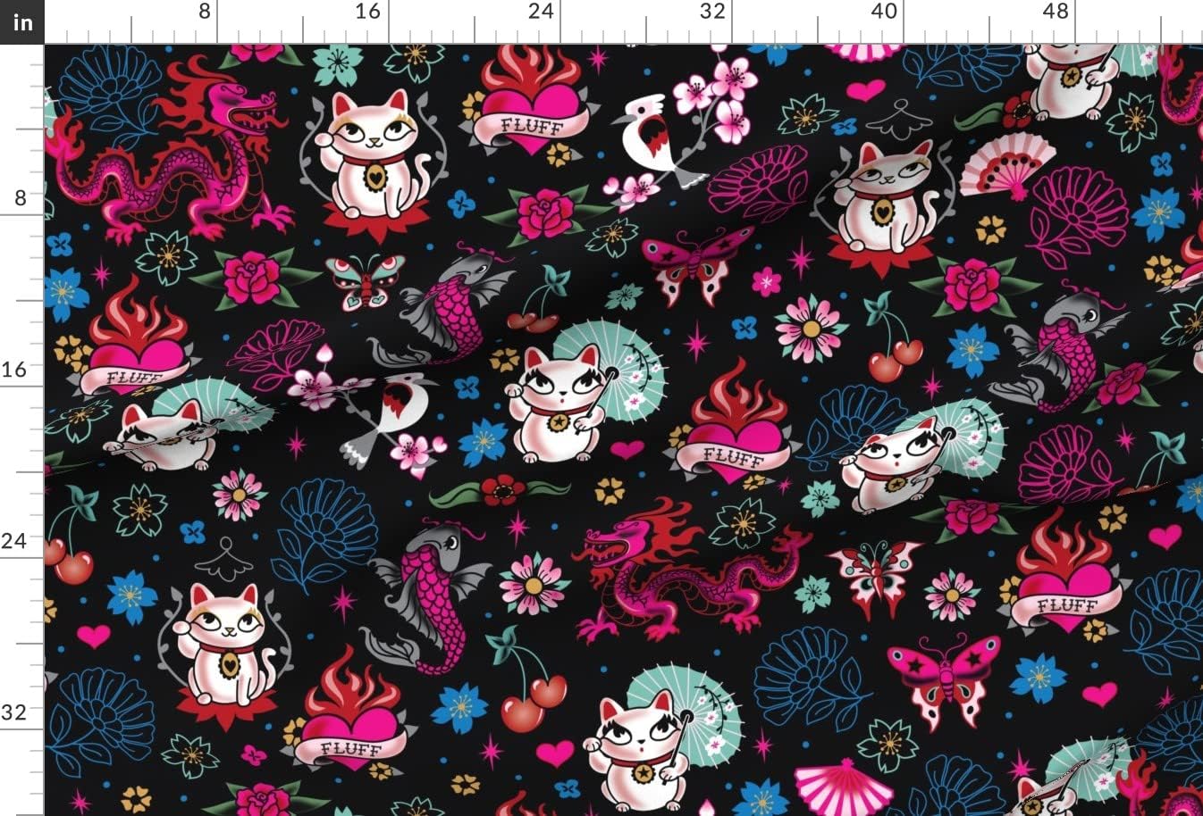 Spoonflower Fabric - Lucky Cat Dragons Koi Fish Large Black Kawaii Japanese Printed on Minky Fabric by The Yard - Sewing Baby Blankets Quilt Backing Plush