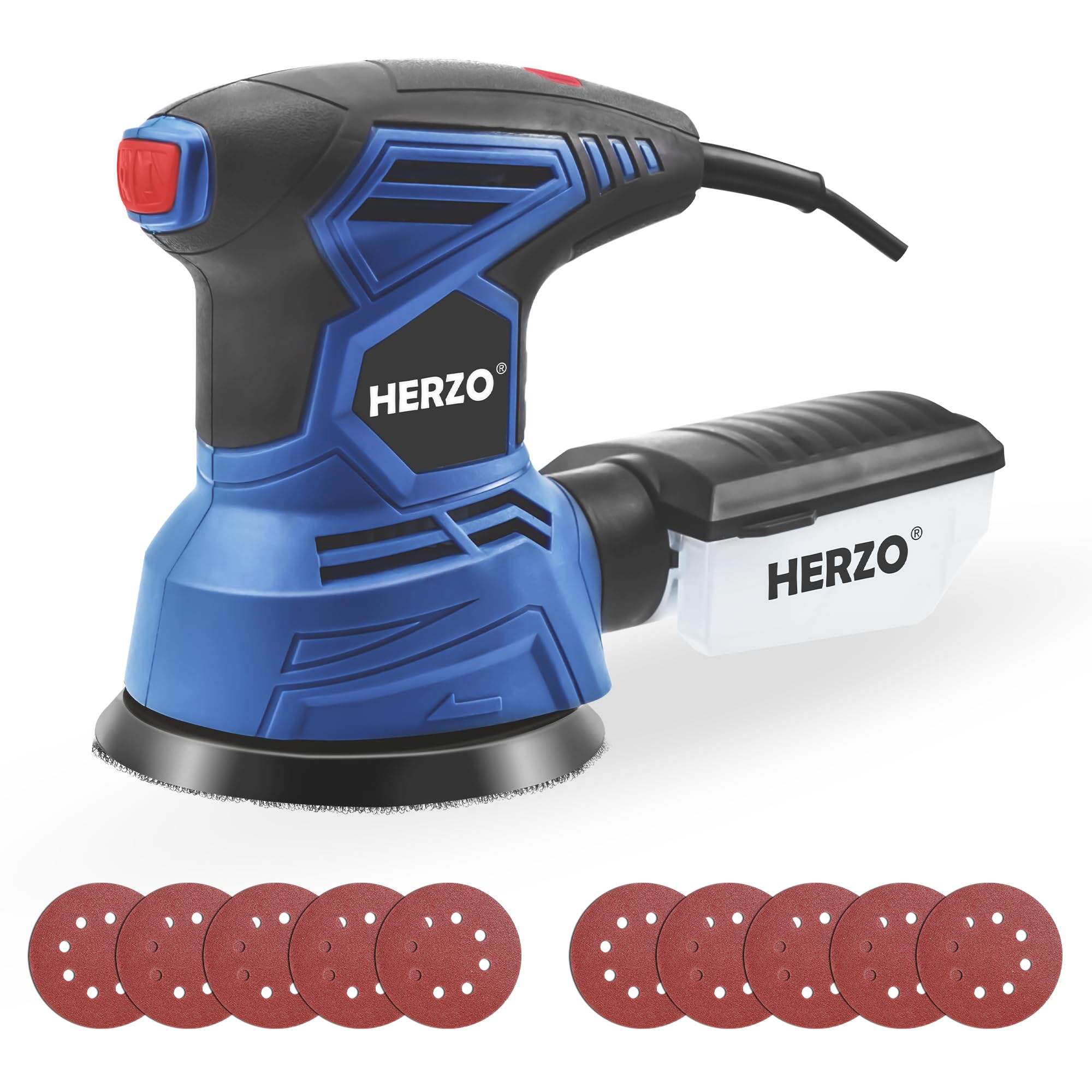 HERZO Levigatrice Orbitale 300W 125mm, 6 Velocità Regolabili, 13.000 giri/min, con Scatola Raccoglipolvere e 10 Dischi Abrasivi per Legno, Metallo e Vernice