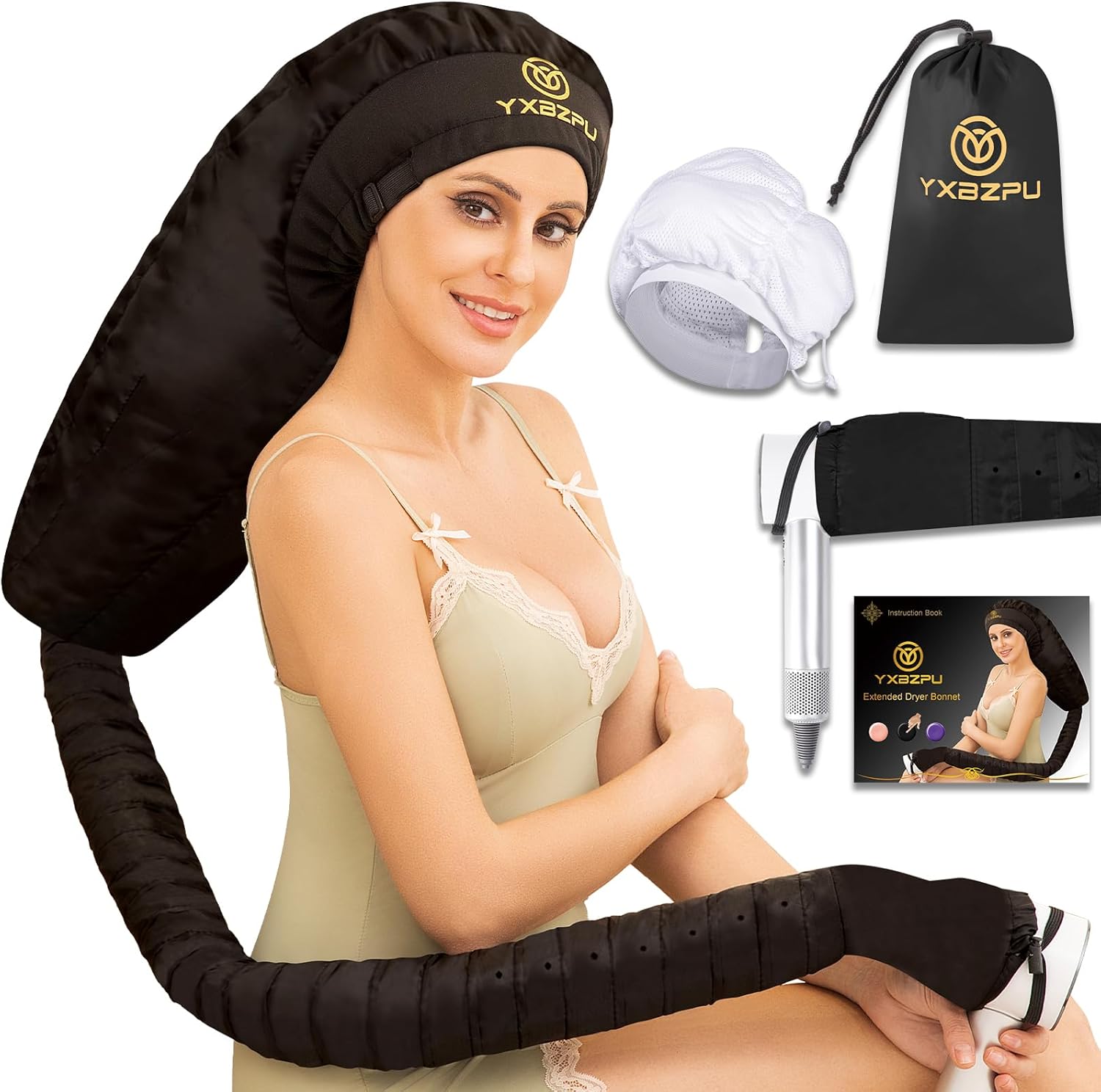 YXBZPU Bonnet Hair Dryer Hood Attachment for Curly Hair - Extra Large 28" Diffuser Cap, 4x Faster Drying & Deep Conditioning (Black)