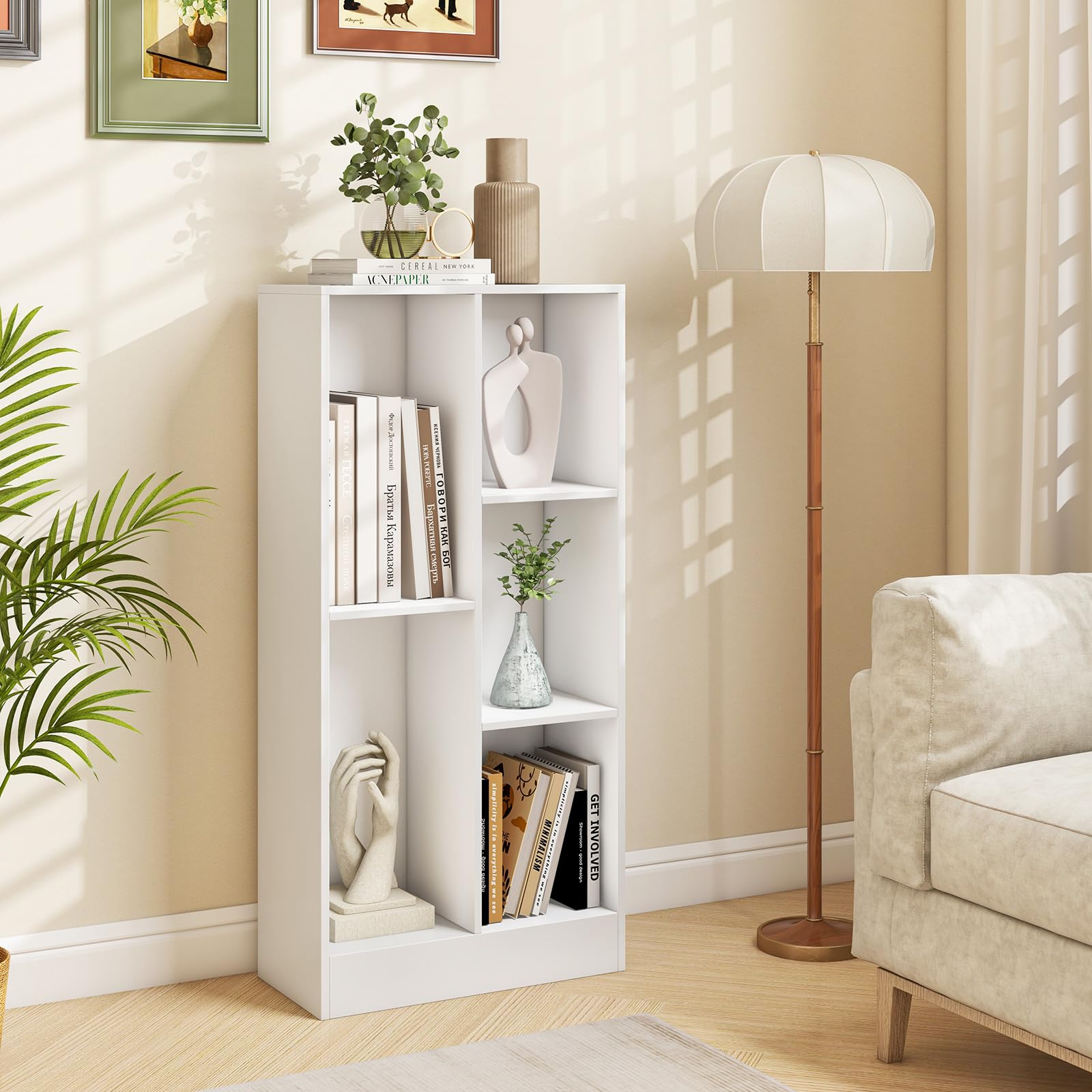 KOMFOTTEU Libreria aperta con 5 armadietti di 2 diverse dimensioni, scaffale per libri aperto, mobile in legno, gambe antiscivolo, 50 x 24 x 104 cm (bianco)