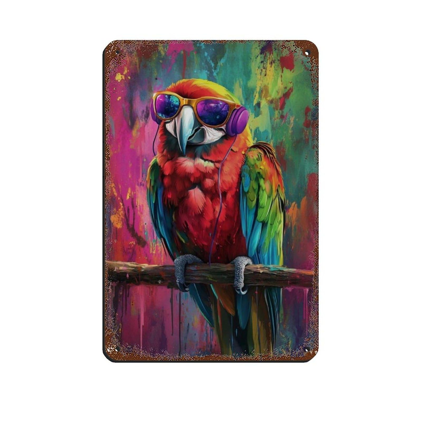 Lxwnze 20L X 30W Cm Parrot With Headphones Poster Tin Sign Vintage Metal Pub Club Cafe Bar Home Wall Art Decoration Poster Retro 8X12inch(20X30cm)
