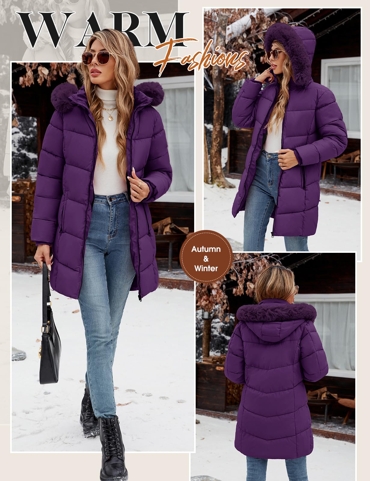 Tuopuda Winterjacke Damen Lang Wintermäntel Damen Warm Winter Slim Fit Jacke Mantel Fleece Gefüttert Daunenmantel Parka Steppmantel Winterparka Outdoorjacke mit Kapuze Übergangsjacke