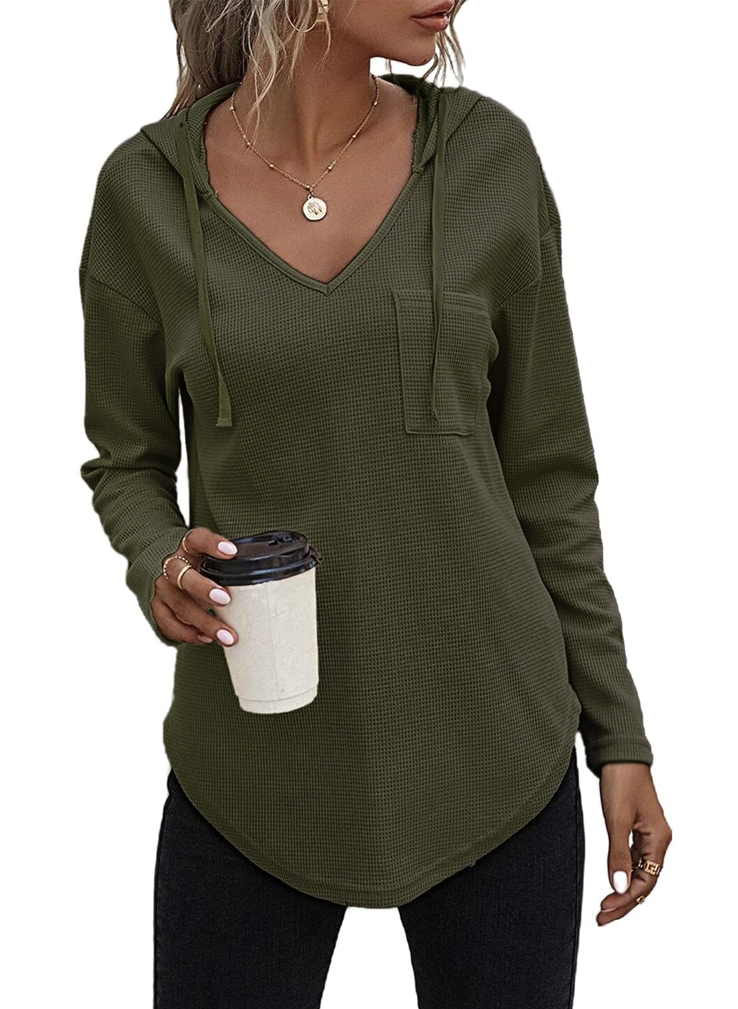 RIROW Womens Tops Long Sleeve Waffle Hoodies Drawstring Sweatshirt 2024 New S-3XL