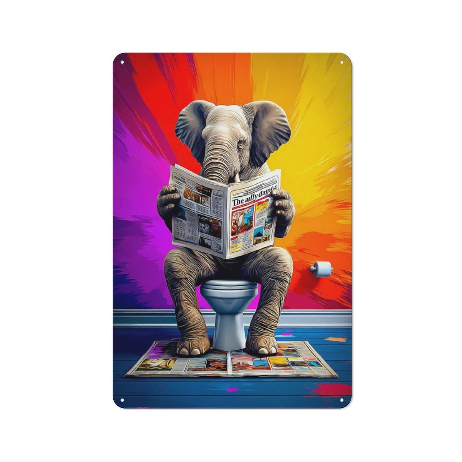 Junmoney Elephant Reading Newspaper On Toilet Country Vintage Metal Wall Decor 30X20cm, Farmhouse Metal Sign For Kitchen, Cottage, Porch Or Garden Room