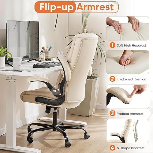 Miniatura 5 de Sweetcrispy Silla ergonómica de oficina resistente, silla de juegos con brazos abatibles, piel sintética, silla giratoria ajustable con ruedas,