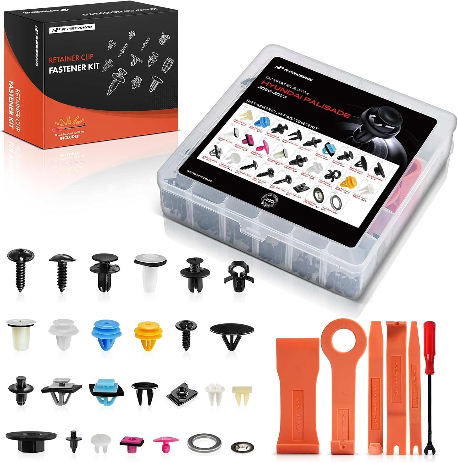 A-Premium 260-Pack (21-Type) Car Retainer Clip Kit Compatible with Hyundai Palisade 2020-2023 Fender Flare Rocker Trim Panel Auto Push Pin Plastic Rivet Fastener Replacement Set w/Removal Tool