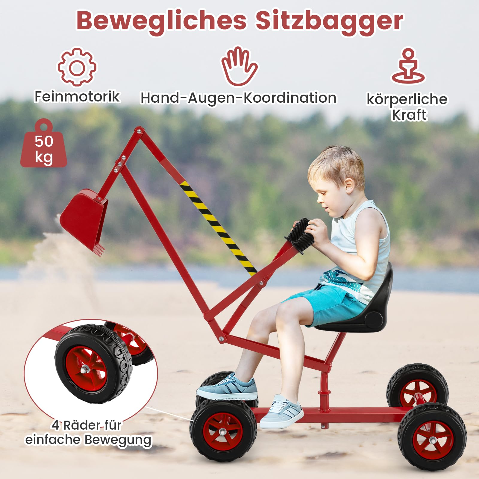 COSTWAY Koparka do siedzenia obracana o 360°, metalowa koparka do siedzenia nad łóżkiem, z szufelką i kółkami, koparka, piaskownica, dla dzieci od 3 lat (czerwona)