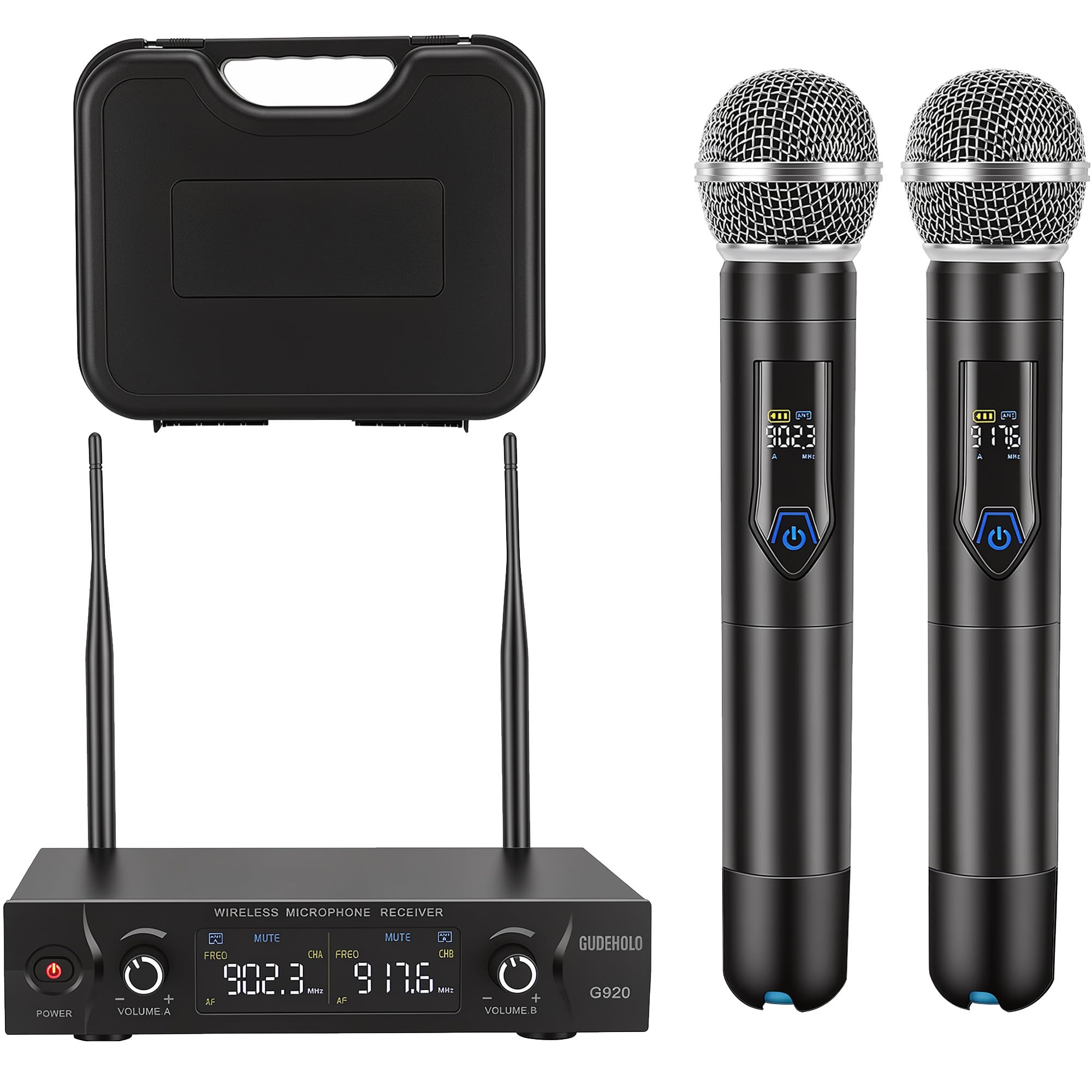 Wireless Microphone System with case, Metal UHF Dual Handheld 20 Channels Professional Cordless Mic System for Church, DJ, Karaoke,Wedding, Home KTV Set (Blue)