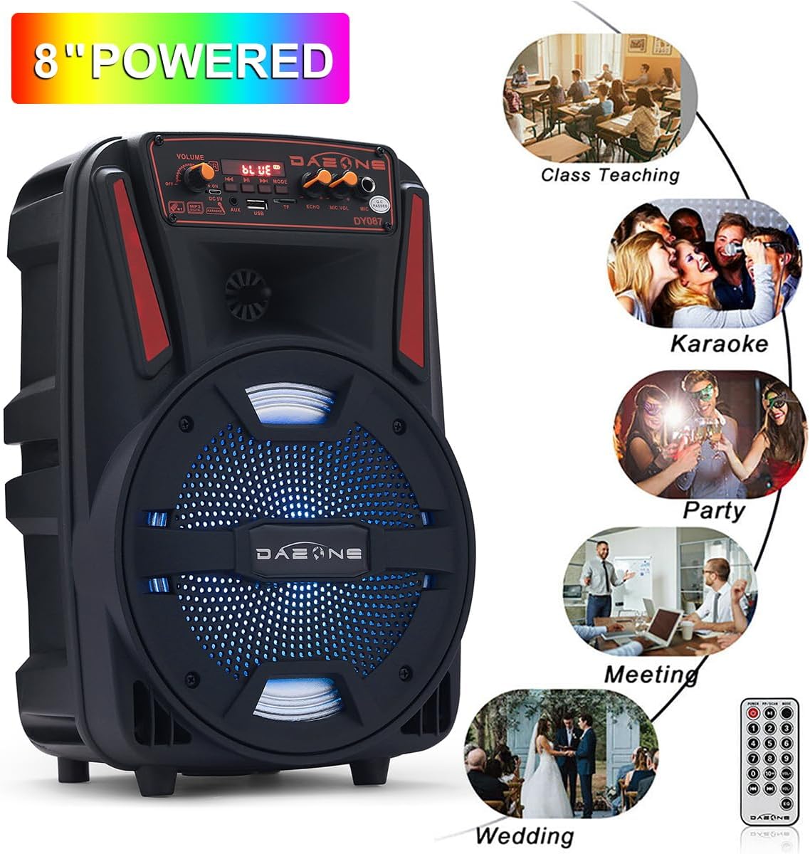 8 Inch Wireless Portable Party Bluetooth Speaker, Battery Powered Loud PA Speaker System with Bass for DJ Music, Karaoke Machine with Wired Microphone, Remote Control, LED/USB/TF/AUX/FM