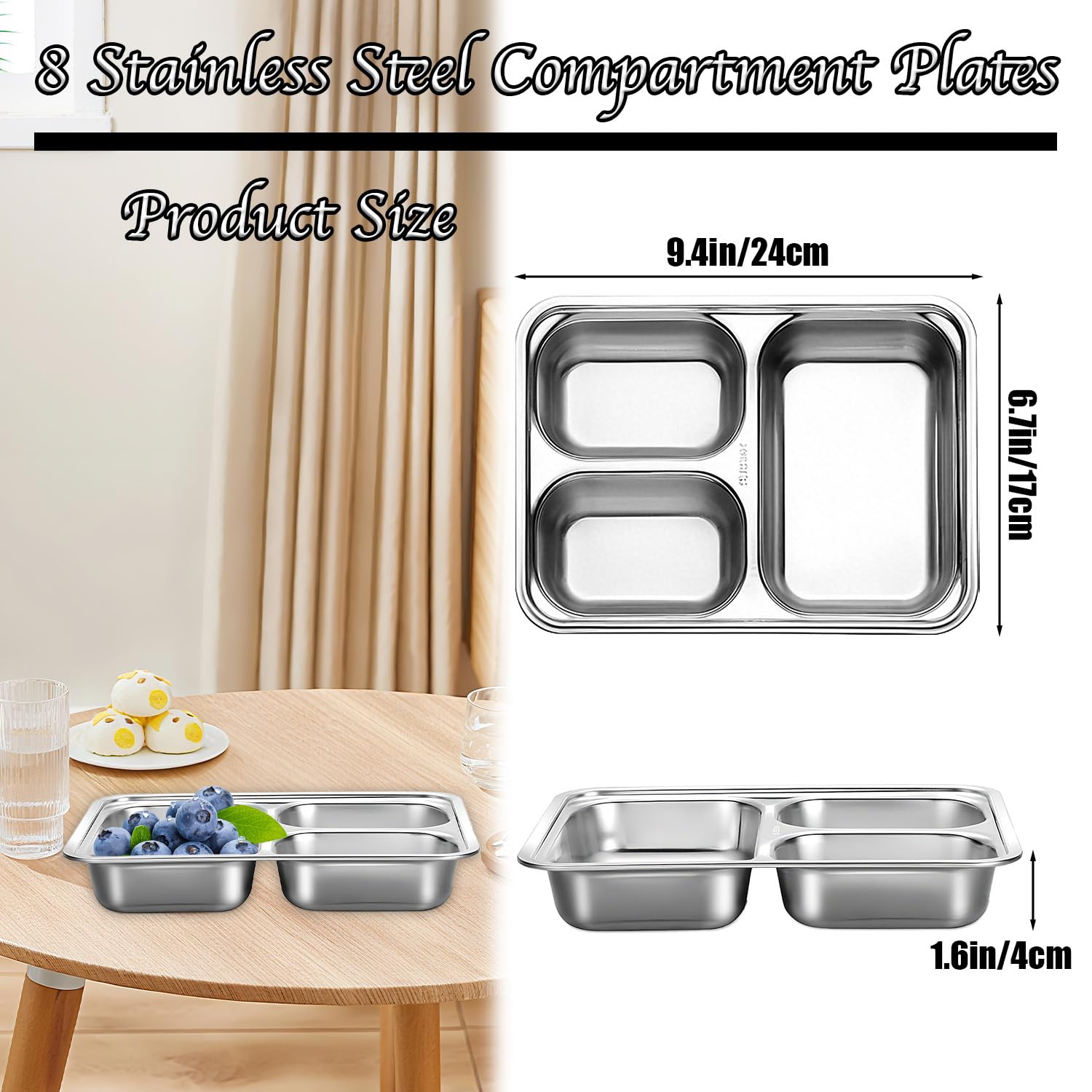 Lot de 8 assiettes divisées en acier inoxydable - Plaques rectangulaires de contrôle des portions - Plateau alimentaire en métal pour dîner, camping, contrôle des portions alimentaires