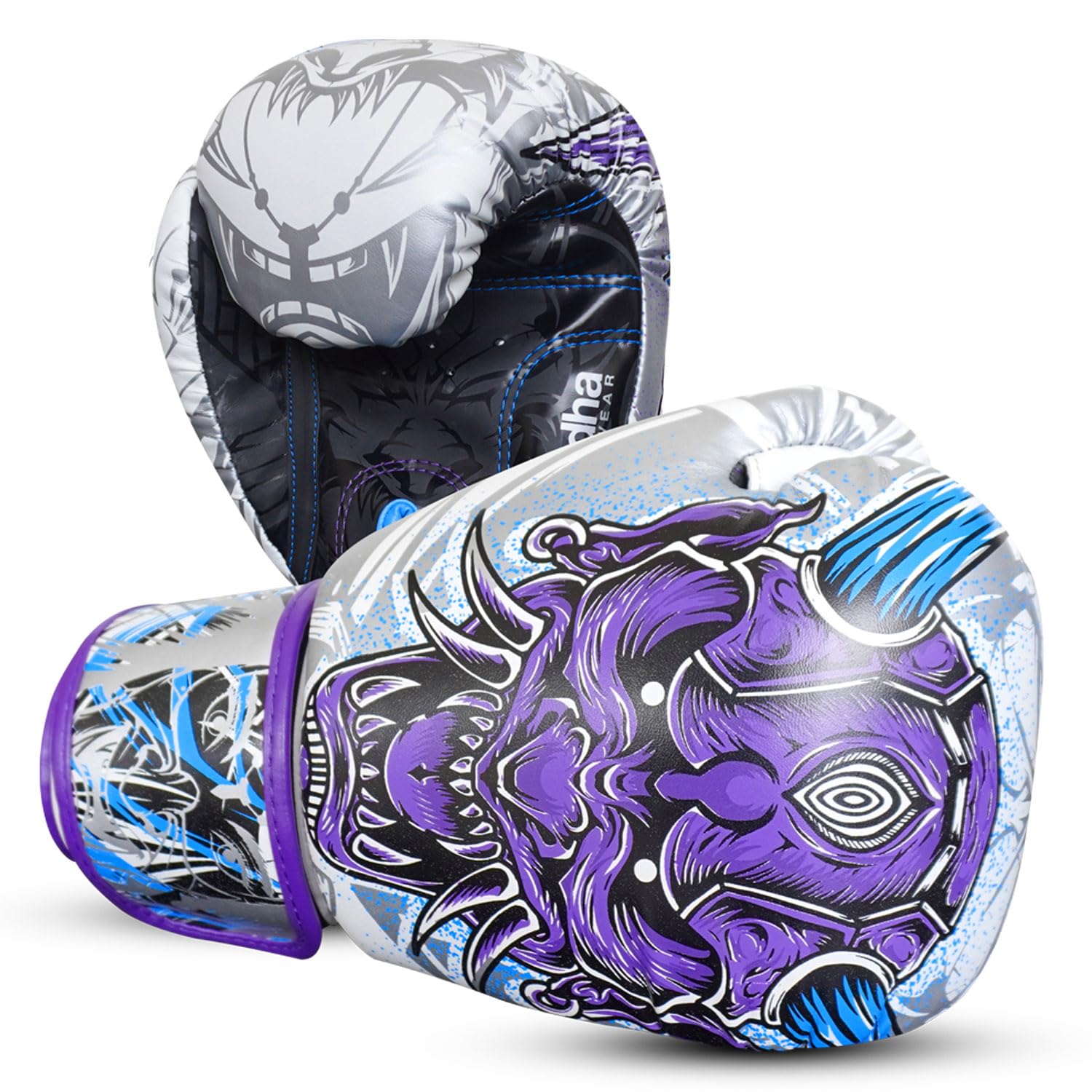 Buddha Fight Wear - Guanti da boxe Fantasy - Muay Thai - Kick Boxing - Pelle sintetica tessuto interno resistente agli odori - Cuciture rinforzate - Vari disegni (bianco, 340 g)