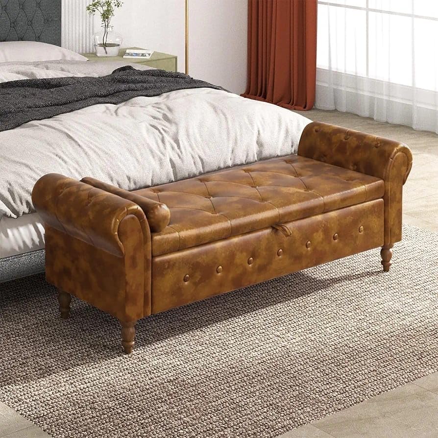 Image of LEGACY OF COMFORT F4 Velvet Upholstered Storage Bench 2 Seater Sofa Chaise Lounger or Living Room Bedroom Office (Brown)