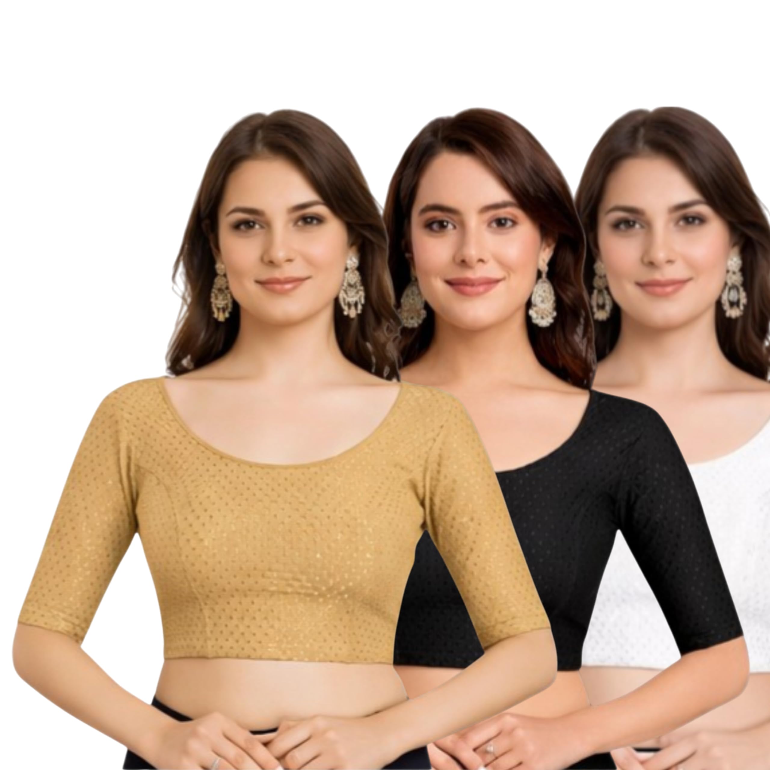 aulbo Pack of 3 Women's Readymade Saree Blouse Combo | Stretchable Round Neck Elbow Sleeve Ethnic Wear Choli | Ready to Wear Blouse Set for Women & Girls-picture-18