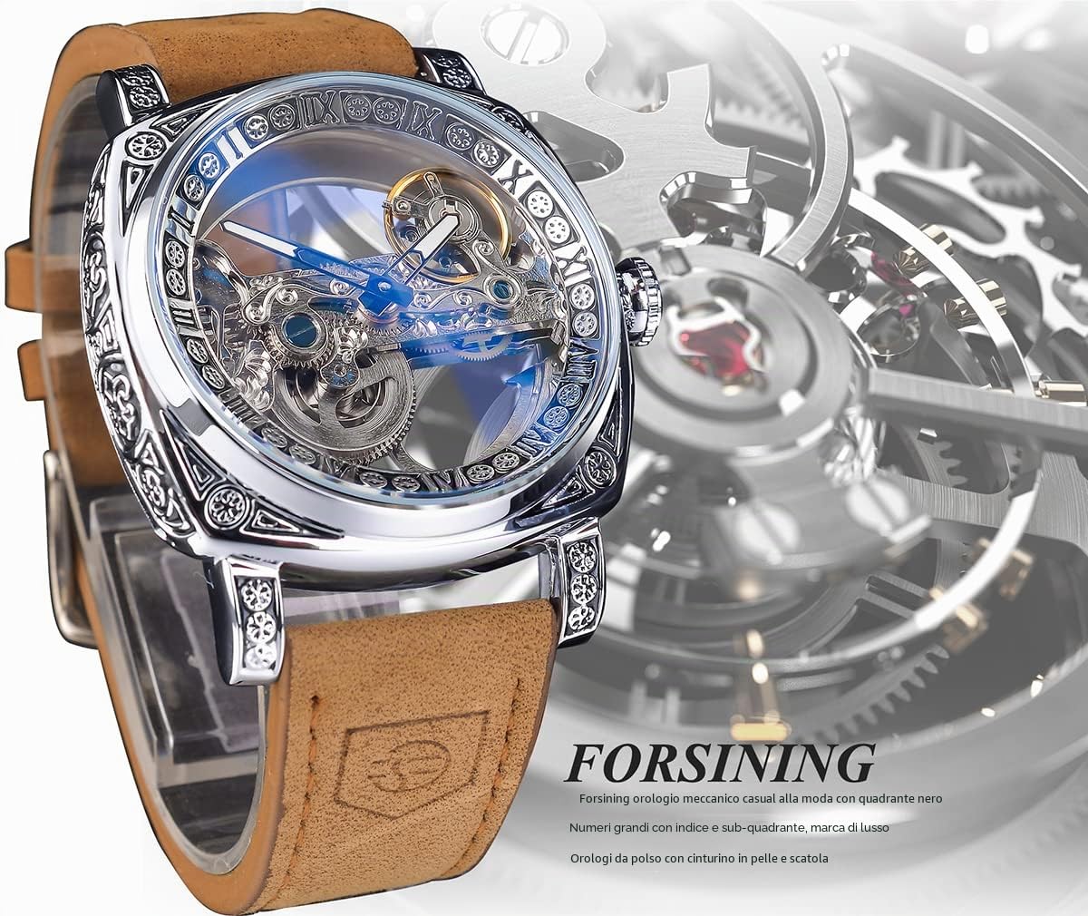 FORSINING Orologio da polso da uomo, alla moda, classico, scheletrato, quadrato, quadrante trasparente, automatico, meccanico, in pelle, luminoso, impermeabile