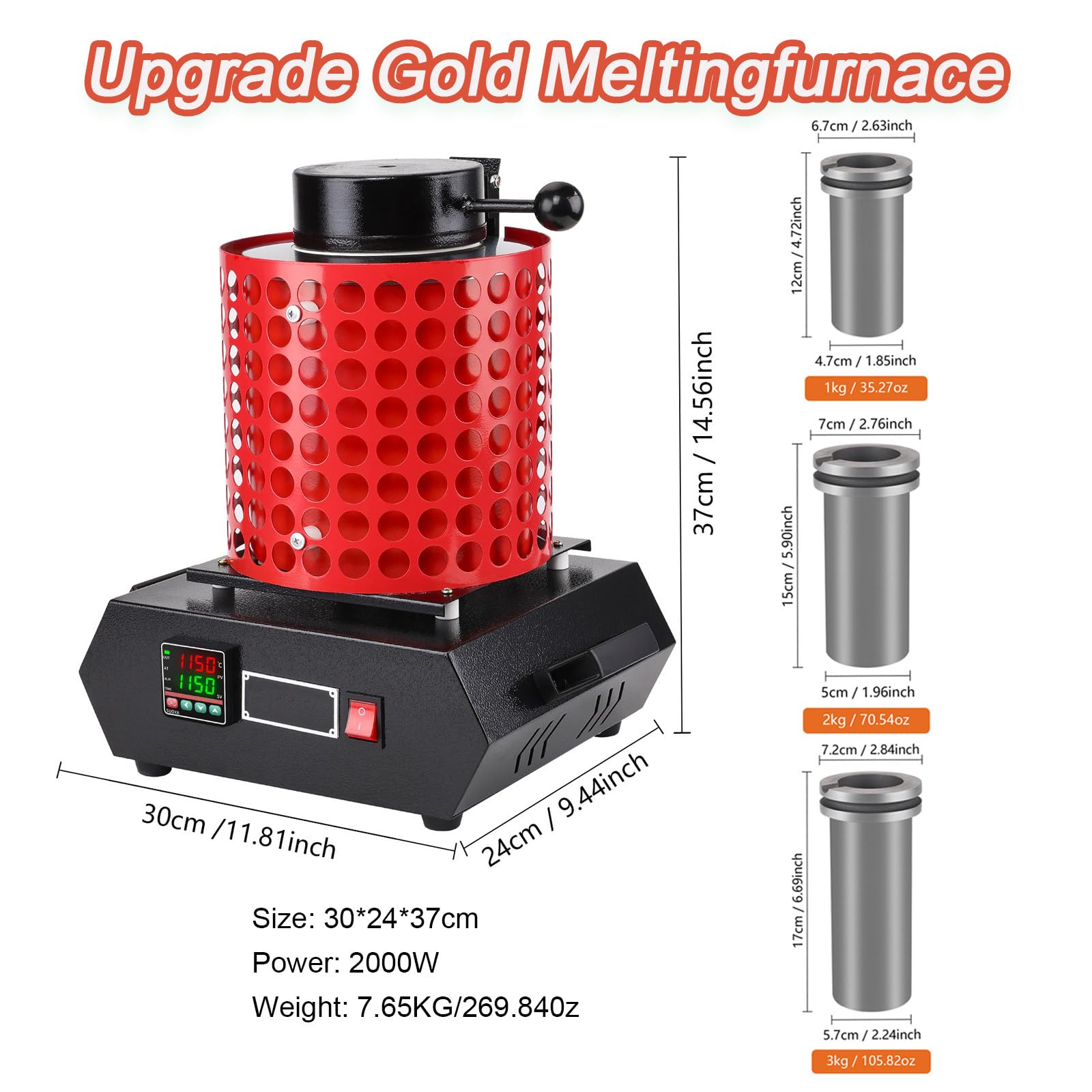 Elektrischer Ofen zum Schmelzen von Gold, 2000 W, digitaler Metallguss, Temperaturanzeige, Schmelzset aus Metall mit Schmelztiegel, Graphit, Schmelzschrott, Silber (Orange, 2 kg)