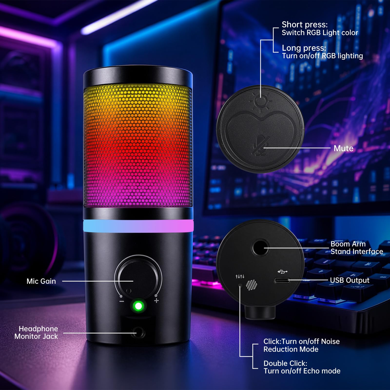 Micrófono USB con luz RGB, control de volumen, botón de silencio, conector de auriculares de 3,5 mm.
