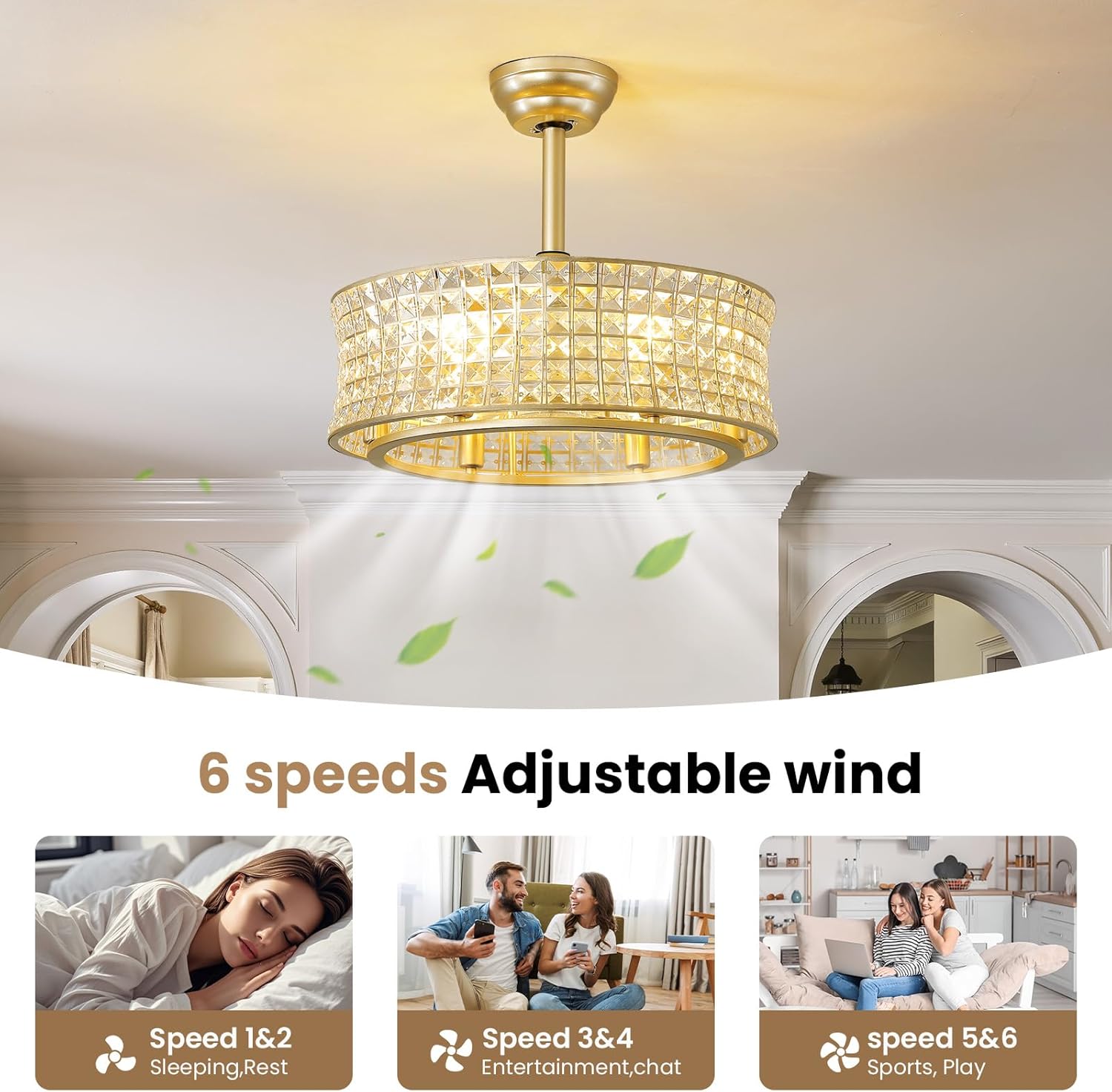 RUIYEY Crystal Ceiling Fans with Lights: 20" Fandelier Low Profile Ceiling Fans with Remote Control, 7 Blades 6 Speeds E12 6 Light Caged Flush Mount Ceiling Light Fixtures for Bedroom Kitchen