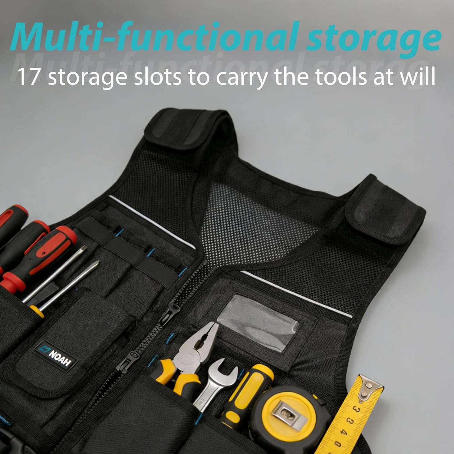 N NOAH Heavy-Duty Tool Vest for Men, Adjustable Size, 1680D Ballistic Fabric, Breathable Construction Vest with Reflective Stripes, Multi-Purpose Pockets for Electrician, Carpenter, Outdoor Activities - Image 4