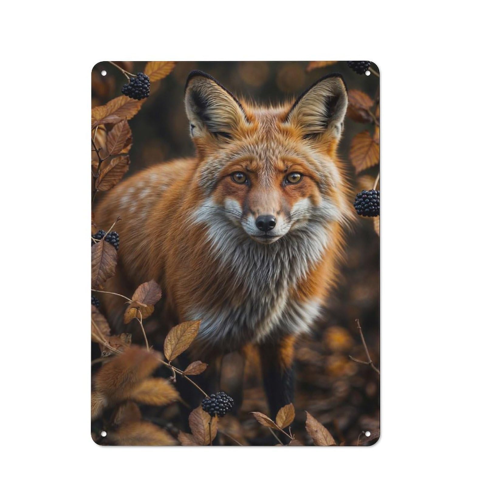 Junmoney Style-19 Tin Sign 40X30cm With Red Fox In Autumn For Workshop Wall, Rustic Decor, Suited To Workshop Decor Fans