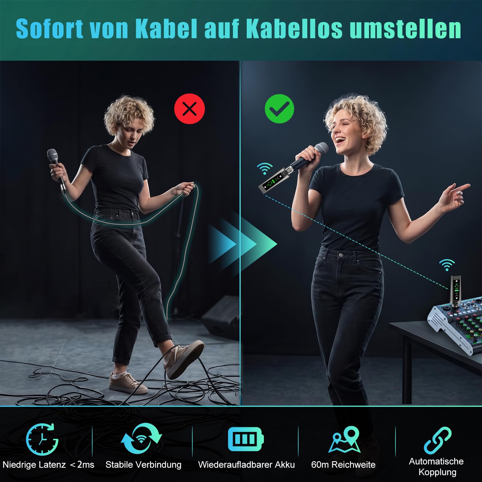 Aveek Kabelloses XLR-Sender/Empfänger für dynamisches Mikro,60 m Reichweite | <2 ms Latenz,stabiles Signal,12 h Akkulaufzeit, automatisches Pairing, Adapter für Mischpult, PA-Anlage, Kirche,Bühne,Audio