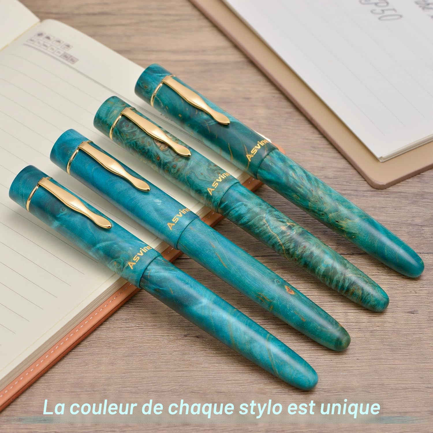 Asvine Stylo plume en bois stabilisé C2000 numéro 8 pointe courte 1,1 mm pour calligraphie, art du dessin, motif unique avec convertisseur, boîte à stylo, collection de set - Oasis