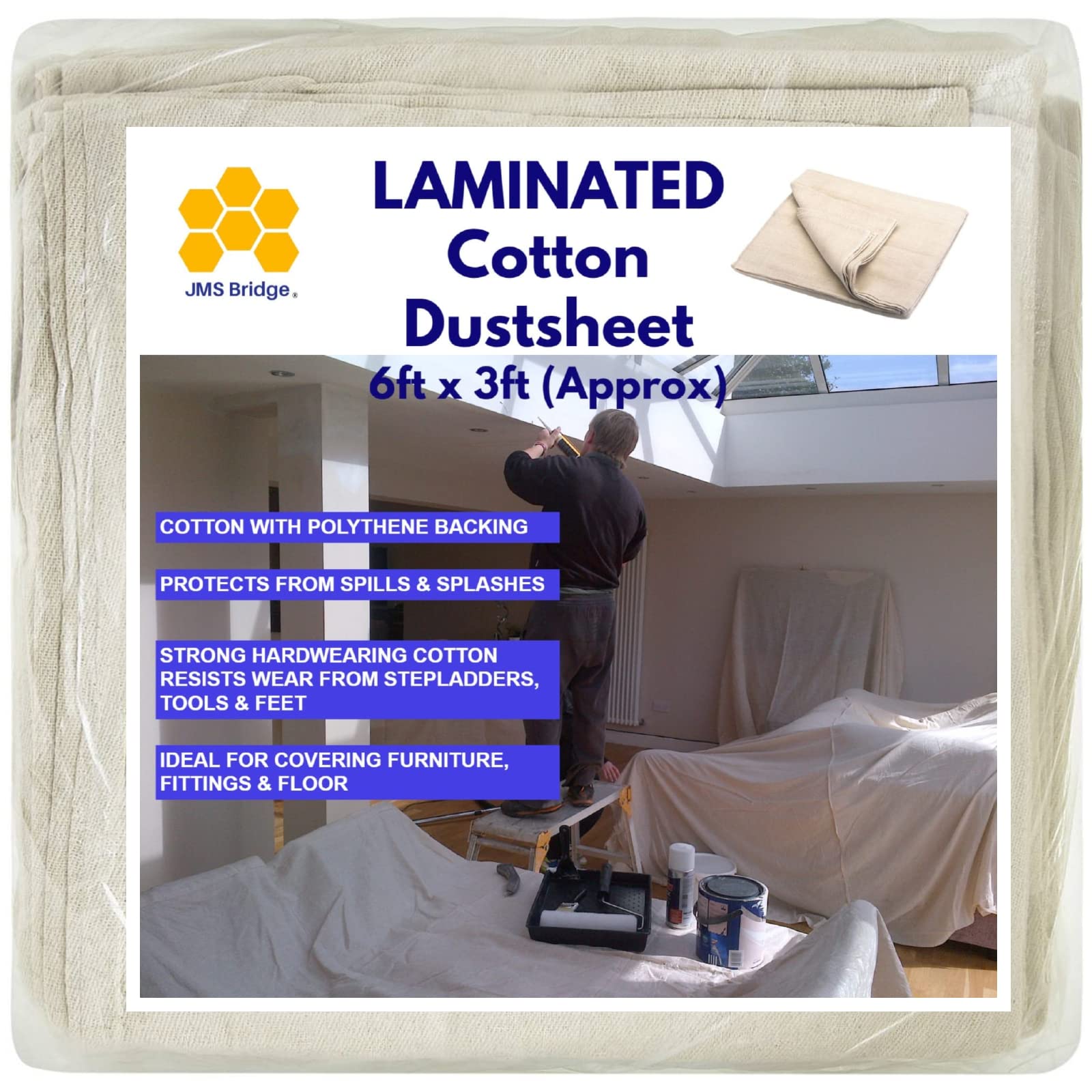 Laminated Cotton Dust Sheets for Painting & Decorating 6'x3' Polythene, Plastic Backed Heavy Duty Paint Cover Sheet Drop Cloth for Furniture — image 1