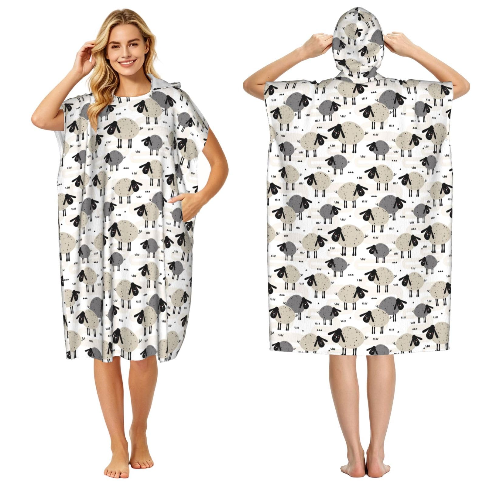 Poadnly Sheeps, Adult Hooded Beach Towel 90 x 110 cm,Changing Bath Robe, Surf Poncho Towel For Women Men