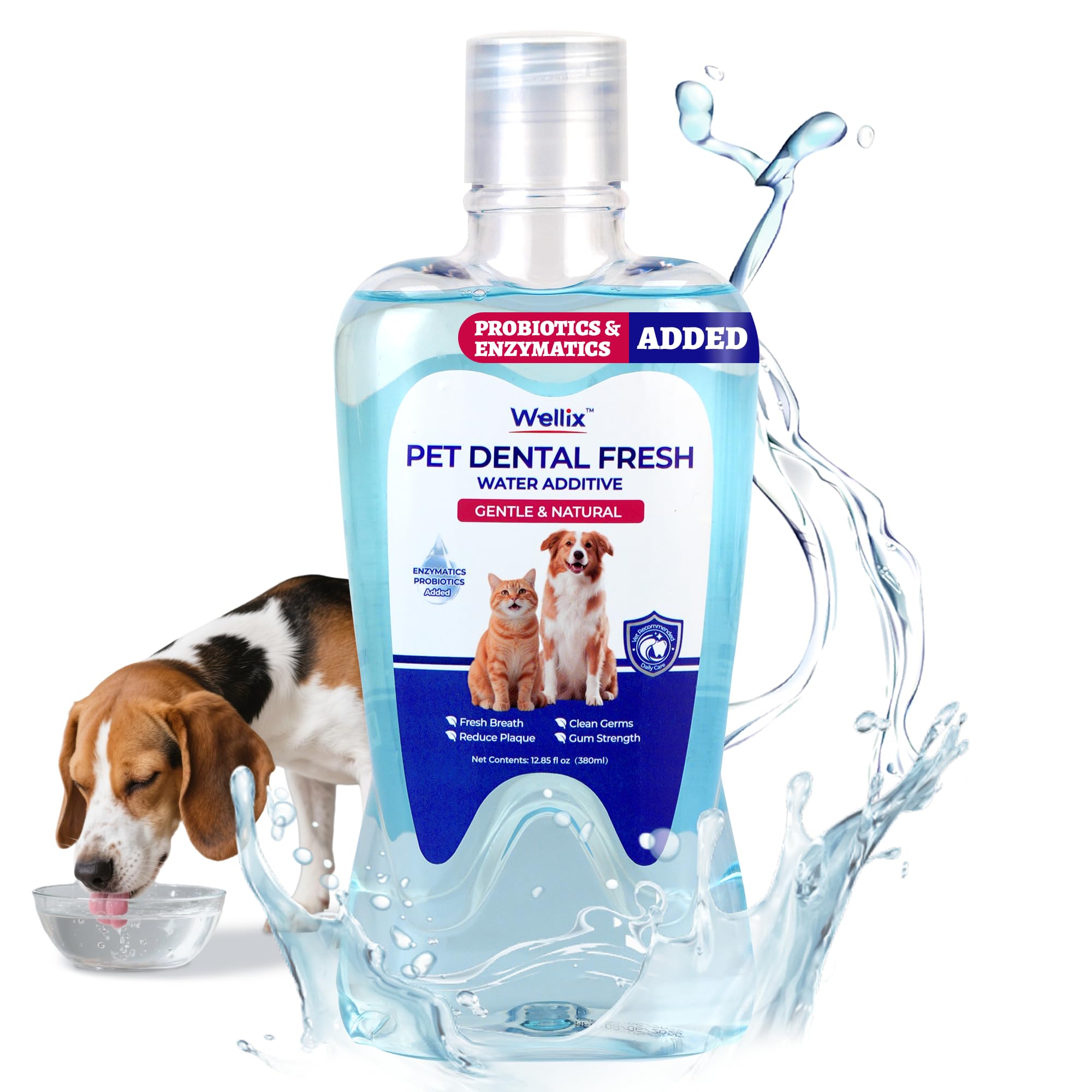 Wellix Cat & Dog Breath Freshener Water Additive - Natural Probiotic, Lysozyme Fresh Breath Mouthwash for Dog Teeth Cleaning and Cat Dental Care - Reduce Bad Breath, Plaque, 12.85 fl oz