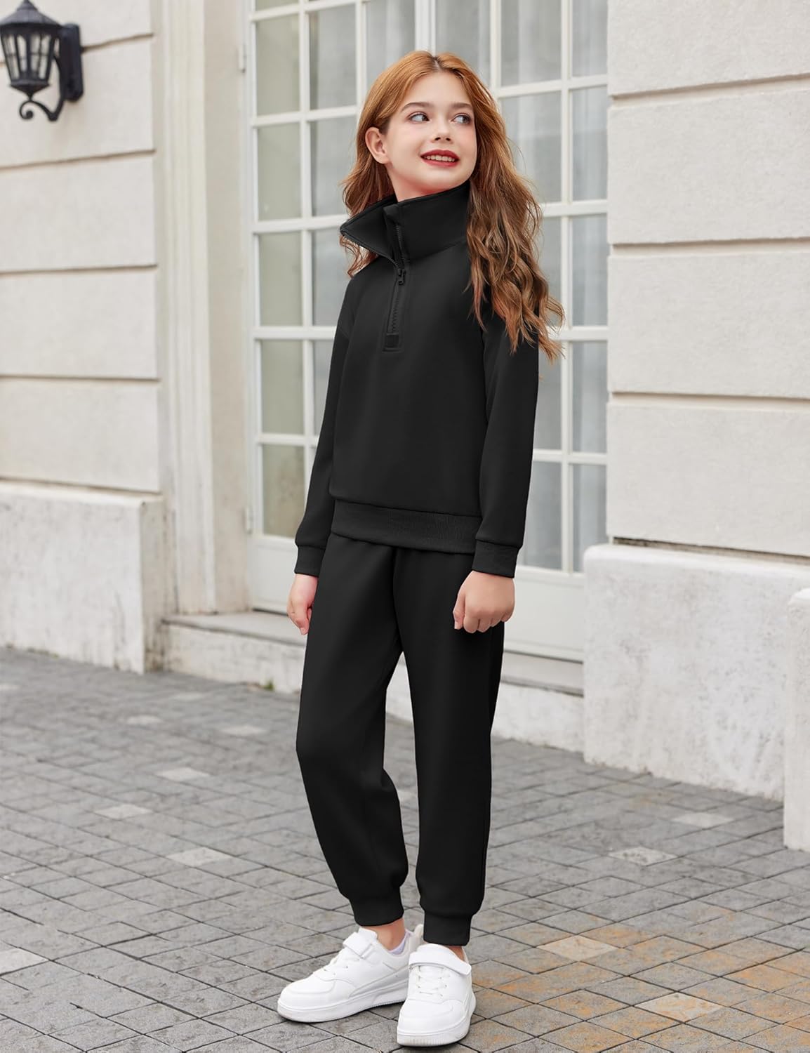 Arshiner Girls 2 Piece Outfits Sweatsuit Set Half Zip Lapel Collar Long Sleeve Sweatshirt Sweatpant Tracksuit Sets - Image 3