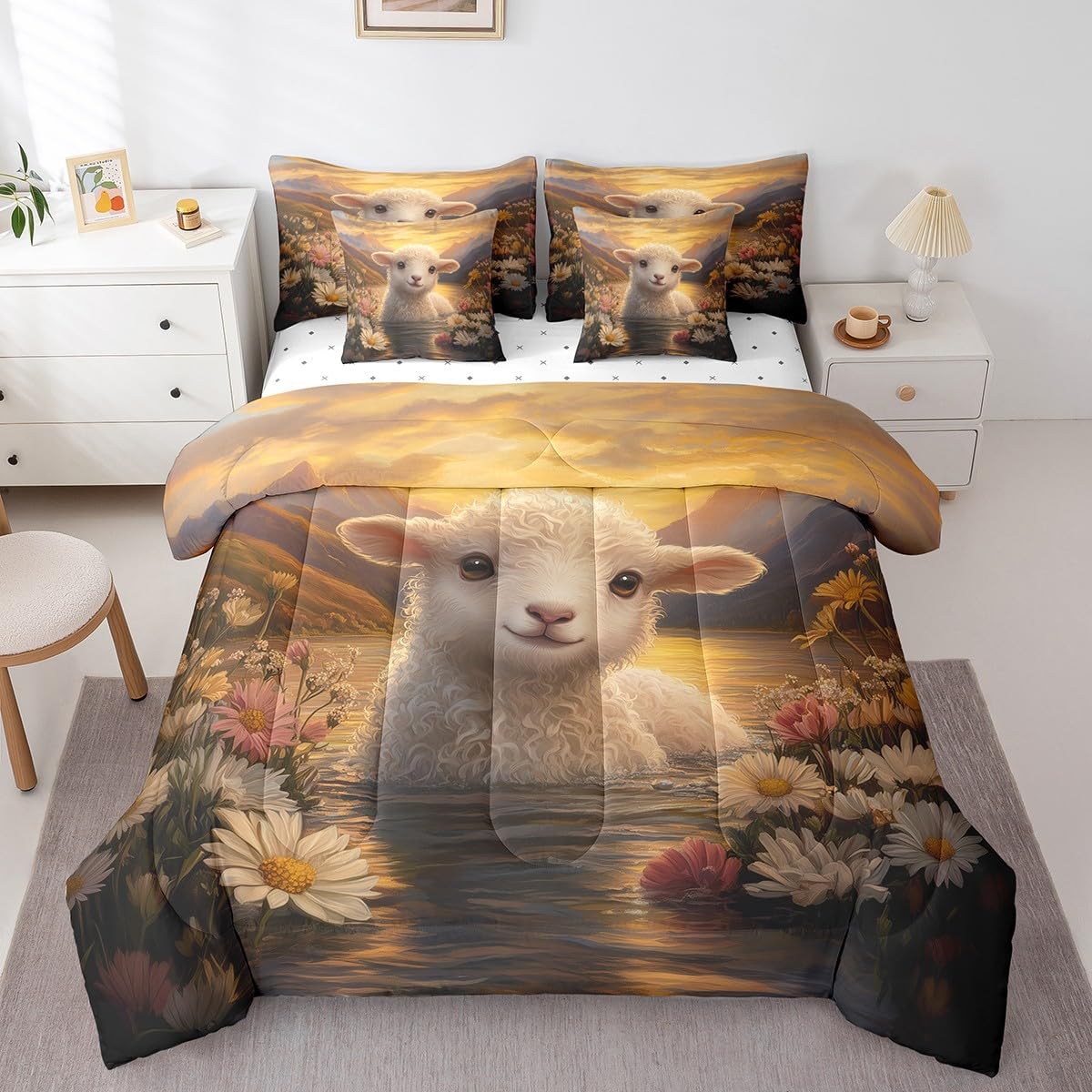 Drap et parure de lit 7 pièces motif montagne pour chambre lit deux places