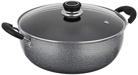 Mumma's LIFE Non-Stick Kadhai with Glass Lid (26 cm, Hammertone Finish, 3 Coat, 3mm Thickness), Aluminium (Grey)