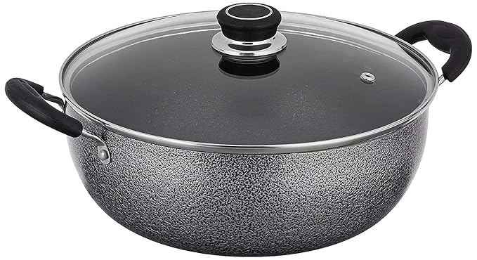 Mumma's LIFE Non-Stick Kadhai with Glass Lid (26 cm, Hammertone Finish, 3 Coat, 3mm Thickness), Aluminium (Grey)