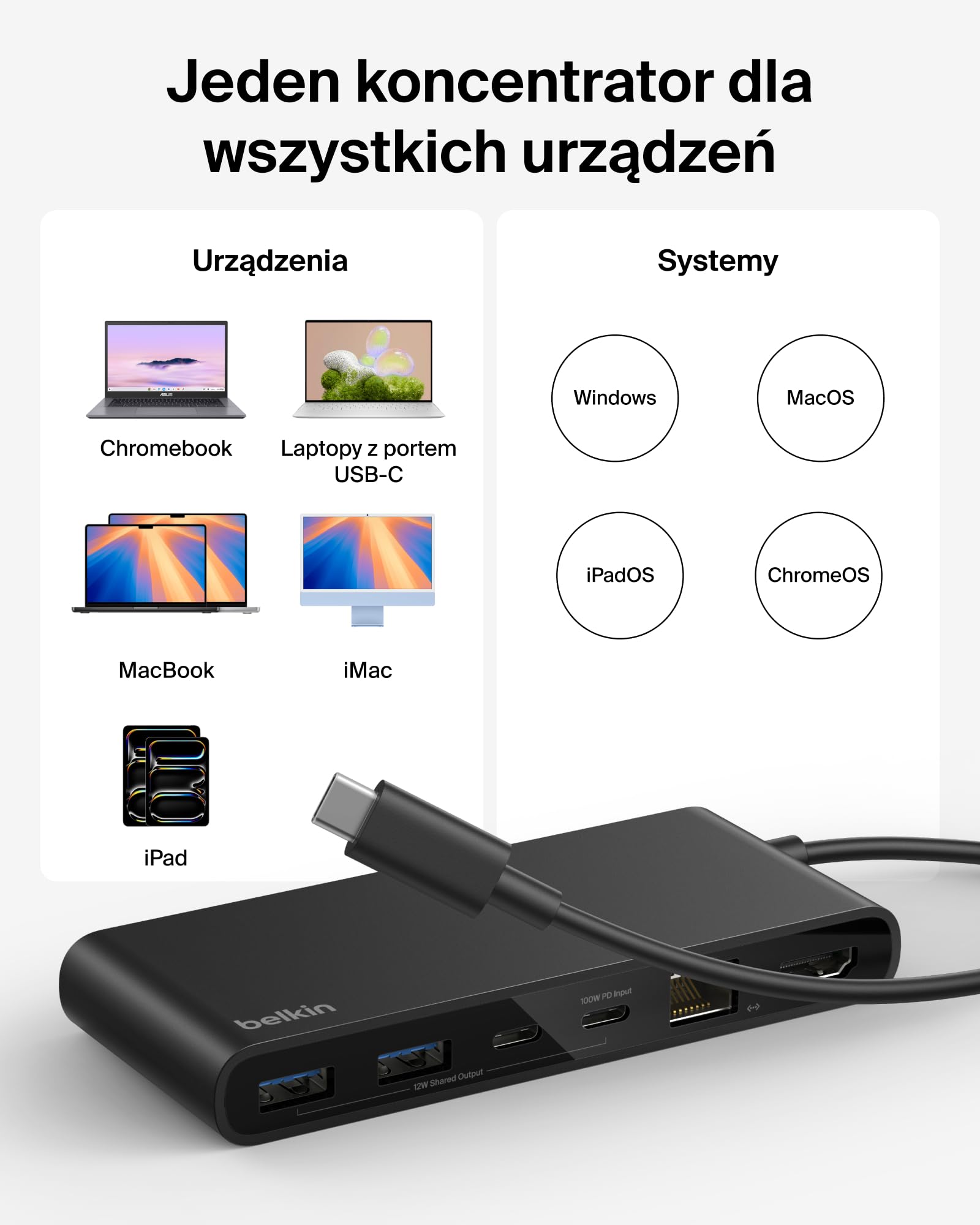 Belkin Connect 8-portowy USB C Hub, Obsługa Wyświetlaczy do 4K przy 60 Hz – Działa z Urządzeniami Mac, Windows i Chromebook – 100 W PD, Transmisja Danych 10 Gb/s, Ethernet 2,5 Gb/s – Czarny