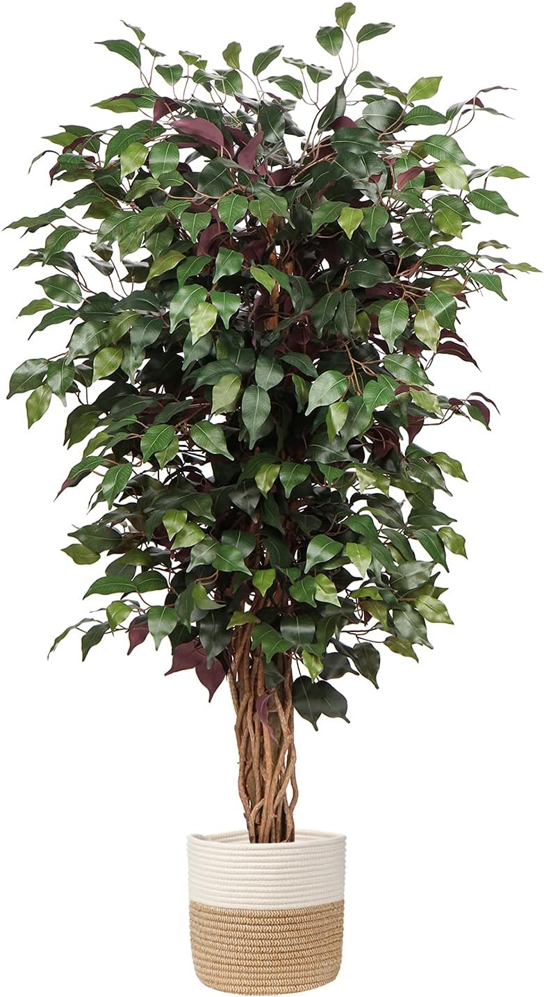 plant Artificial Ficus Tree 6ft in Pot Fake Silk Plant with Green White Leaves Natural Trunk for Indoor Outdoor Home Garden Decor