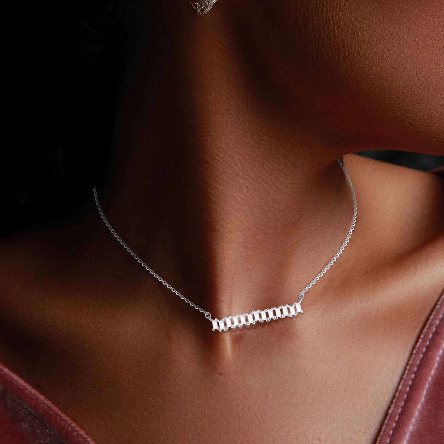 Necklace for Womens Baguette-Cut Bar Dainty Pendant Women Necklaces Sterling Silver Modern Fashion Jewelry - Image 8