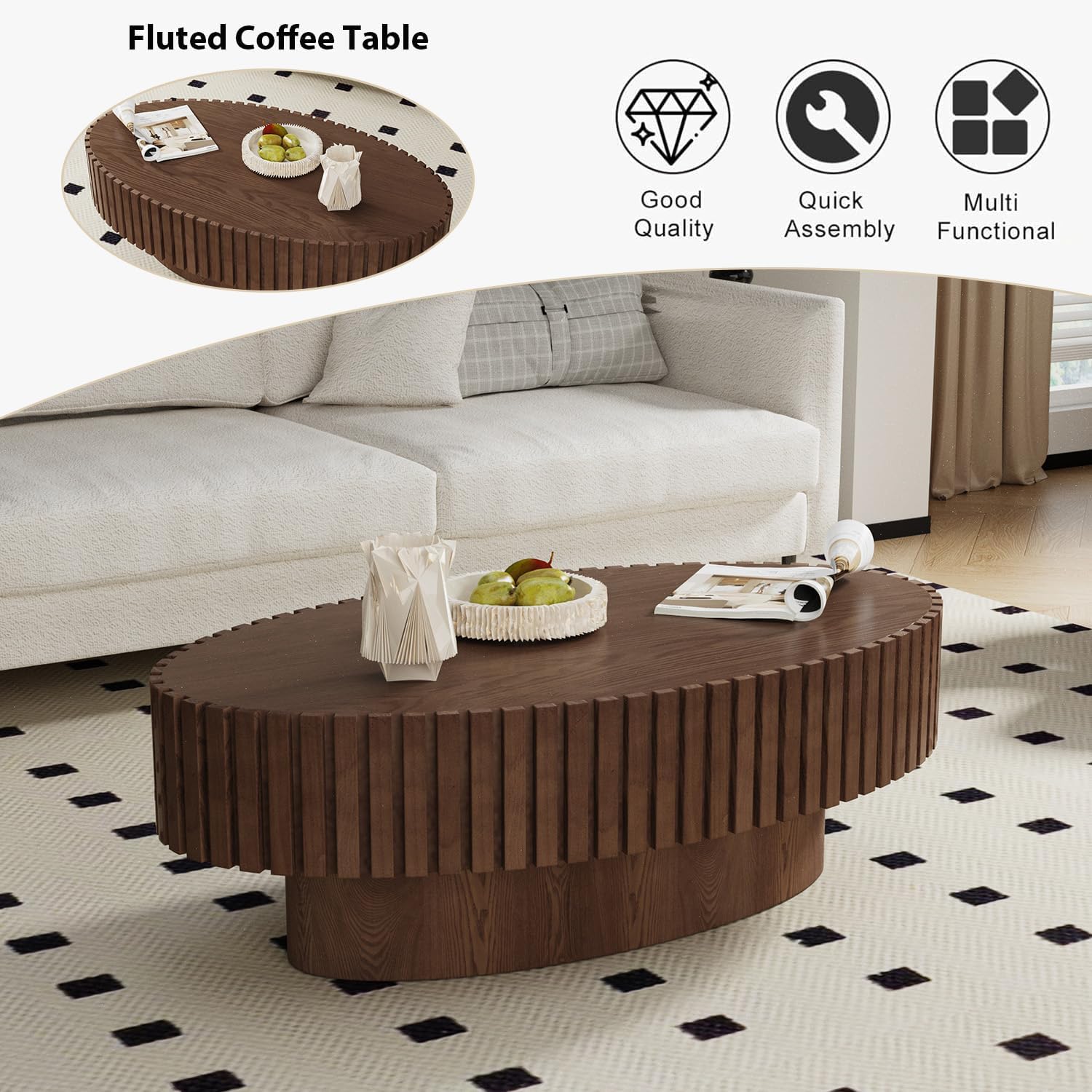 Oval Fluted Coffee Table Mid Century Modern Coffee Tables with Handcrafted Relief Ellipse Drum End Table Rustic Industrial Center Tables for Apartment Living Room (Brown Oval)