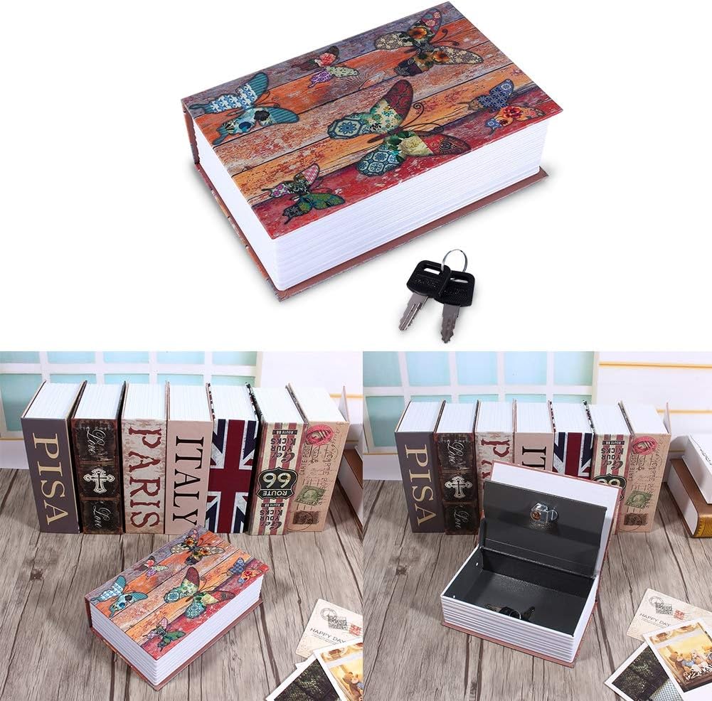 Book Safe Box with Key Lock - Durably Dictionary-Style Security Storage for Valuables - Discreet Cash, Jewelry, and Document Safe for Home, Office, and Travel - 18x11.5x5.5 cm (Butterfly Design)