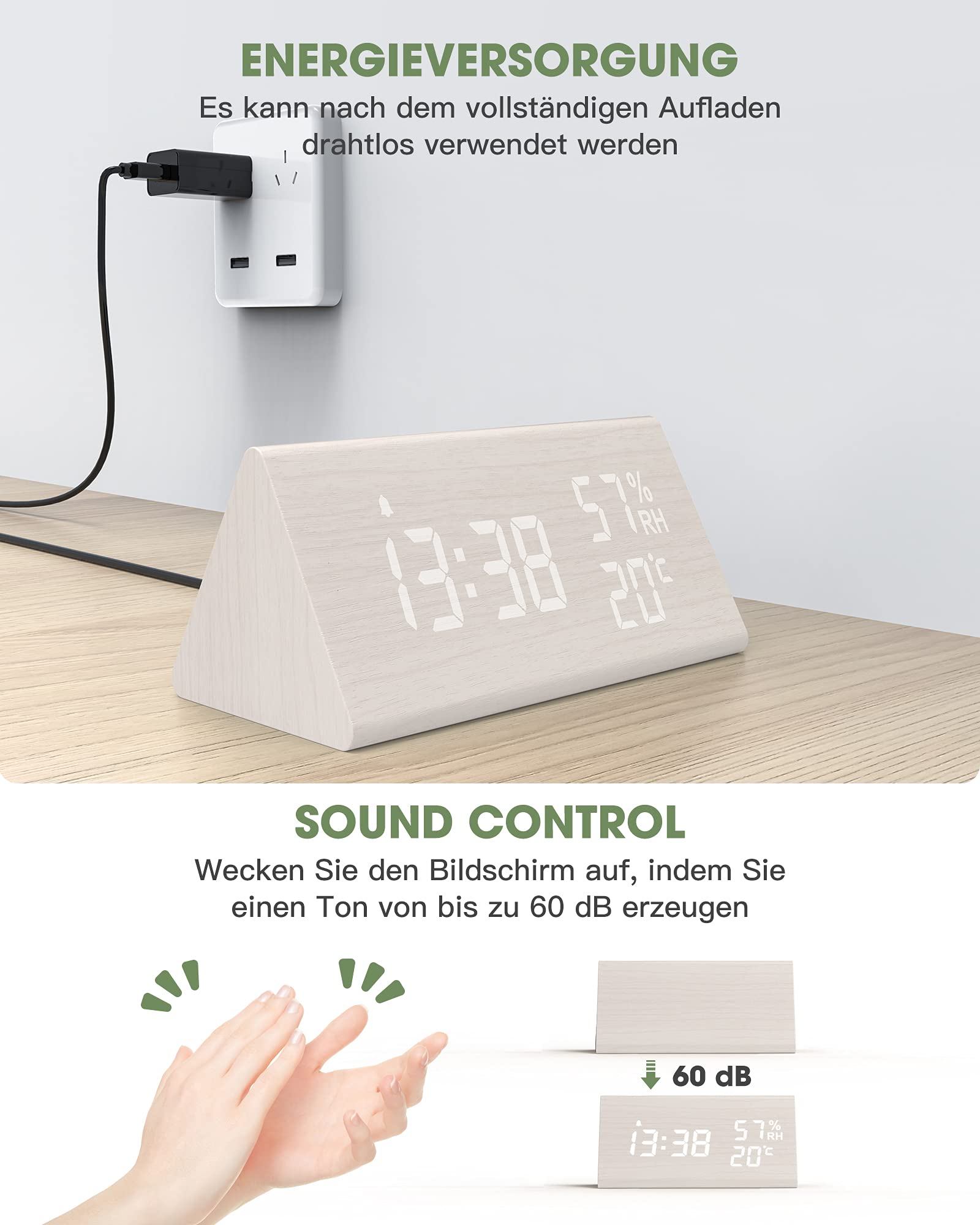 NBPOWER Alarm Clock Digital LED Digital Clock Wood Digital Alarm Clock