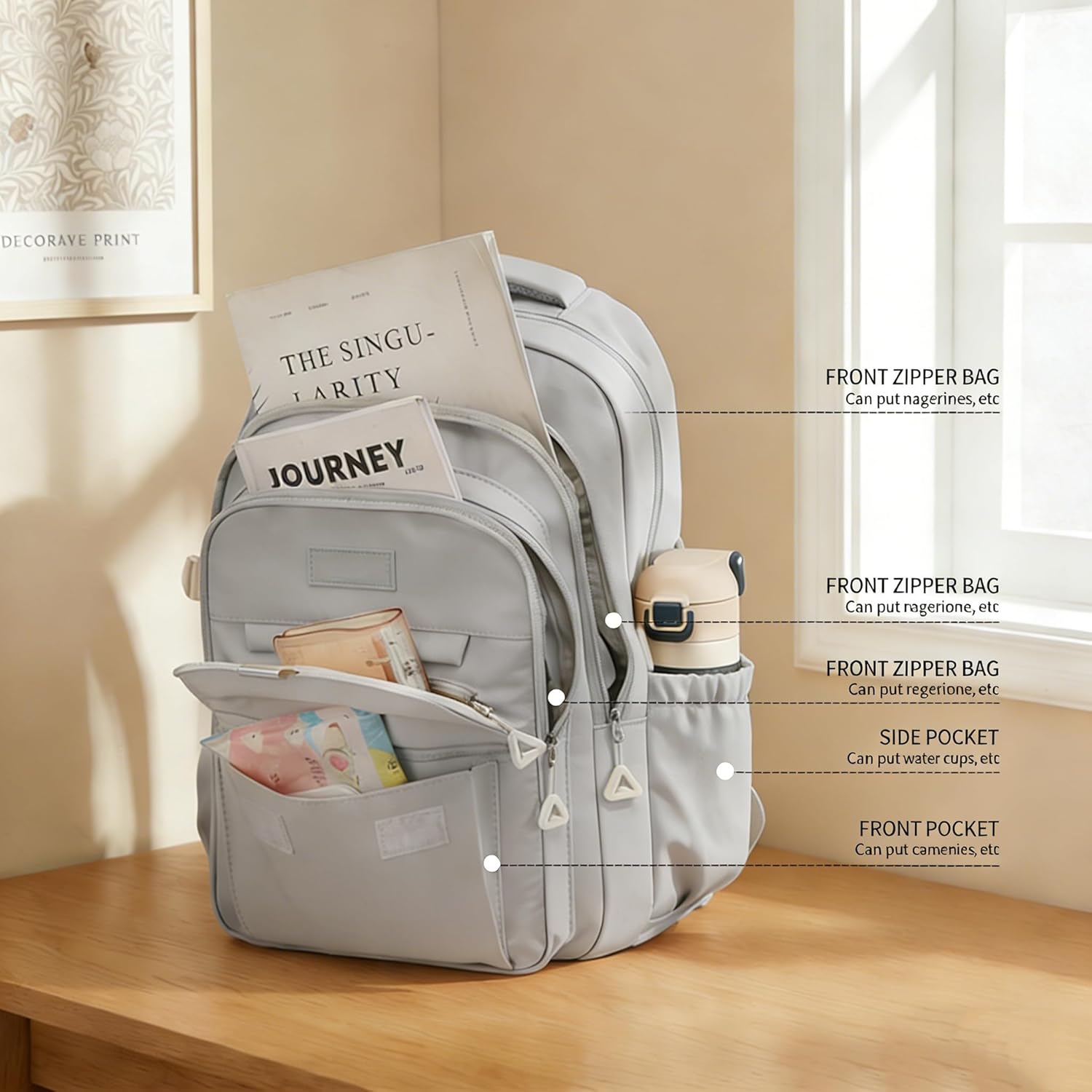 School Cute Aesthetic Backpack Girls Backpack for Students Kids Teen Girls Large Capacity Bookbags College Backpacks Laptop Lightweight Bookbag Casual Travel Daypacks School Bag（Grey）