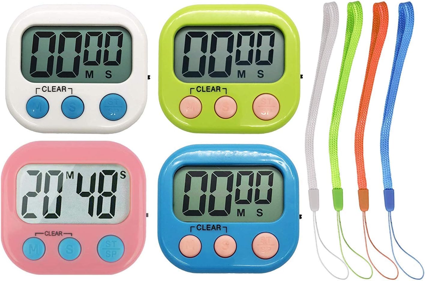Kitchen Timers Clock with Big Digits Loud Alarm Magnetic Backing and Stand with Large LCD Display for Cooking Baking (4 Pack, 4 Color)